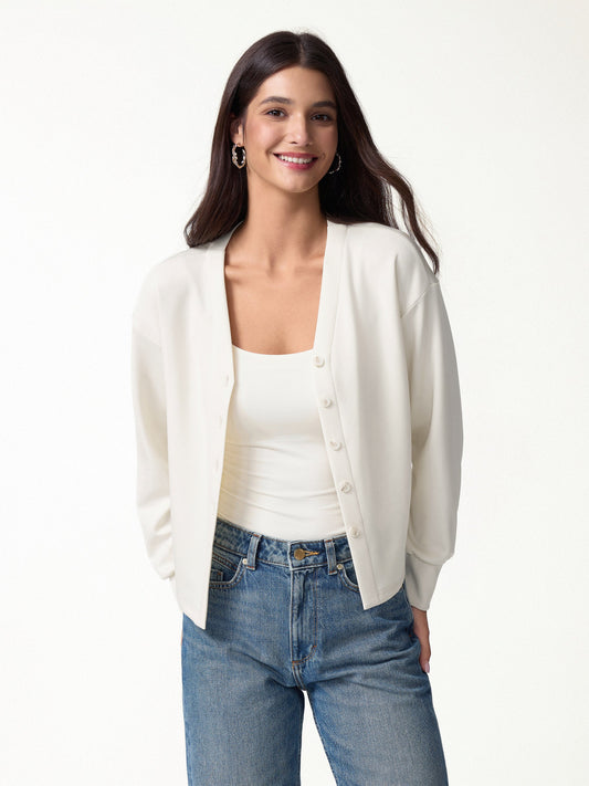 Modal Spacer Knit V-Neck Long Sleeve Button-Down Cardigan — original photo 1