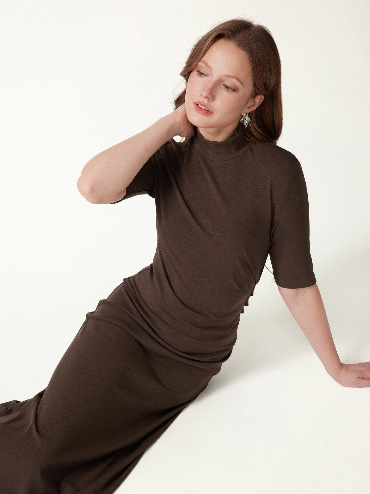 Cotton Blend Mock Neck Elbow Sleeve Tucked A-Line Midi Dress — original photo 2