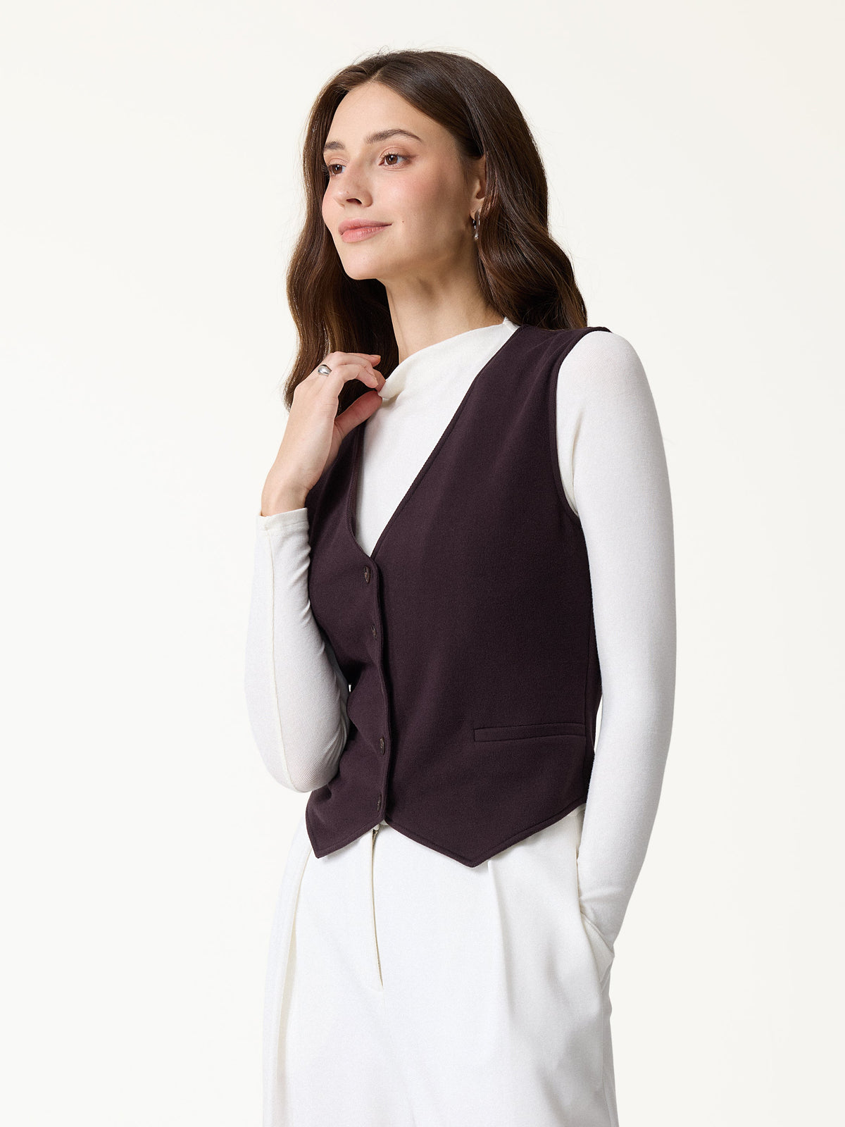 Petite-Friendly V-Neck Sleeveless Button-Down Cropped Vest — original photo 3