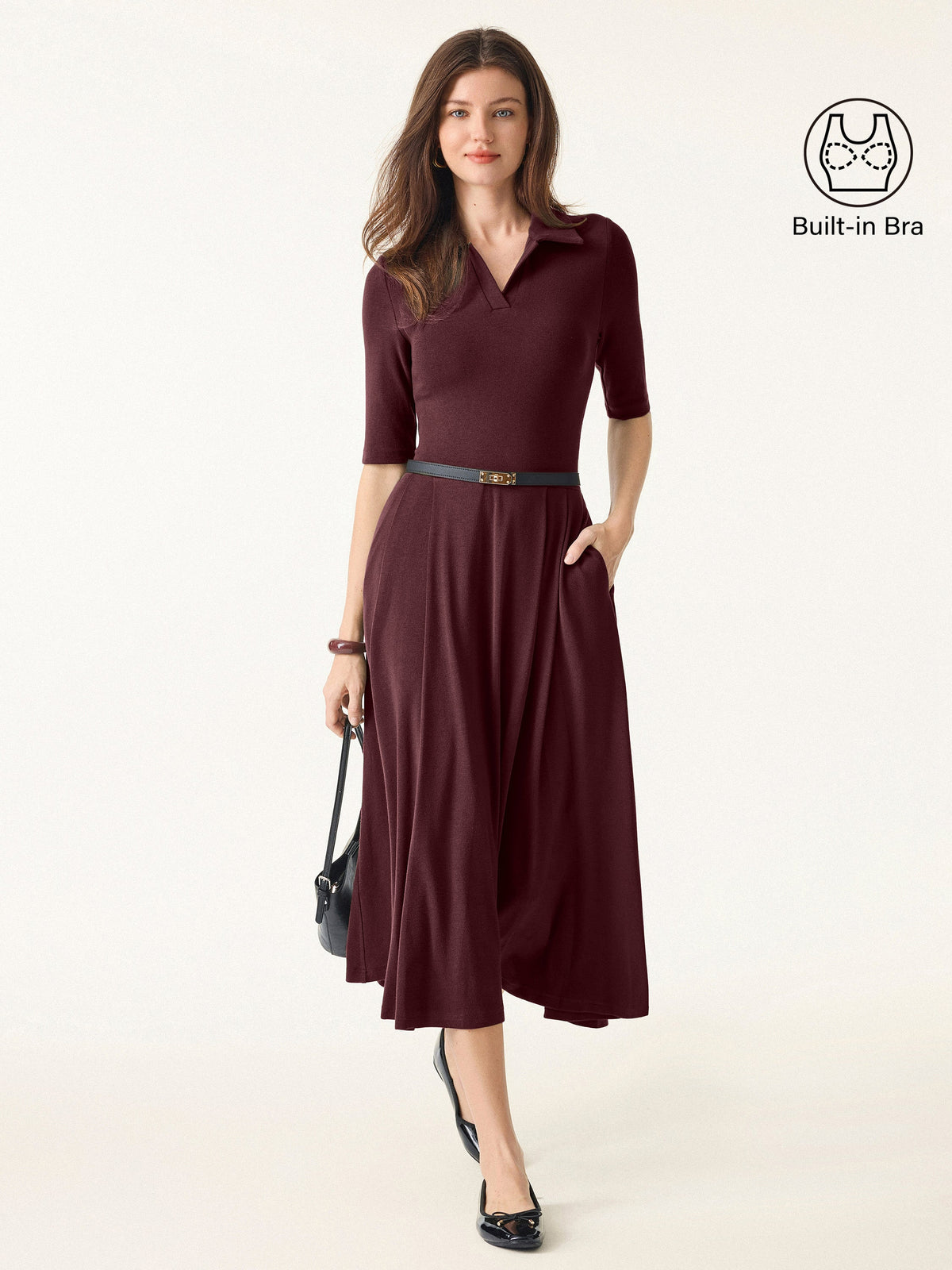 LiteWarm Polo Neck Elbow Length Sleeve Midi Built-In Bra Dress with Pockets — original photo 14