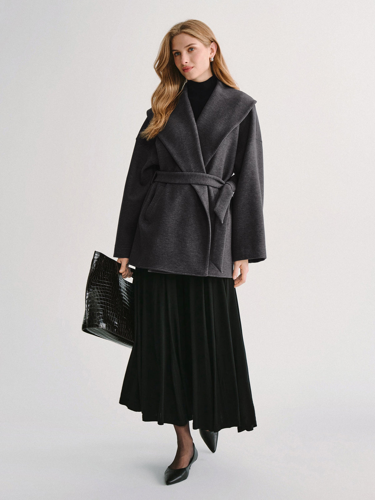FuzzLuxe Draped Shawl Collar Long Sleeve Belted Jacket — original photo 2