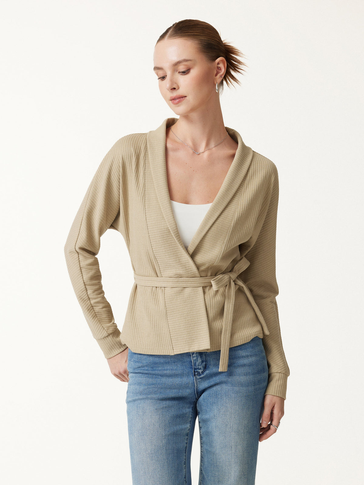 Textured Cotton Blend Lapel Belted Open-Front Jacket — original photo 1