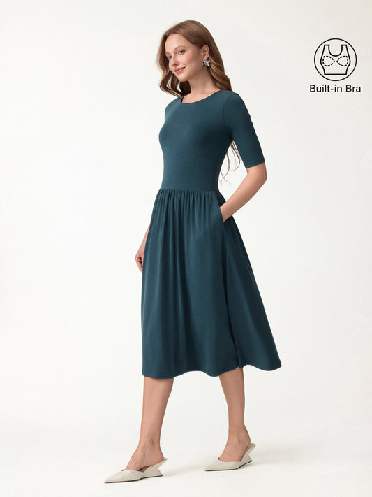 LiteWarm Round Neck Fit-and-Flare Midi Built-In Bra Dress with Pockets — original photo 1