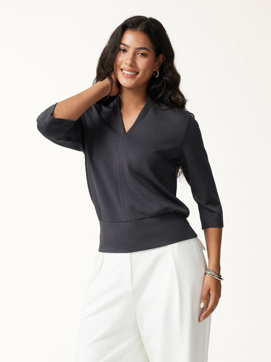 Lyocell Spacer Knit V-Neck Elbow Sleeve Banded Top — original photo 1
