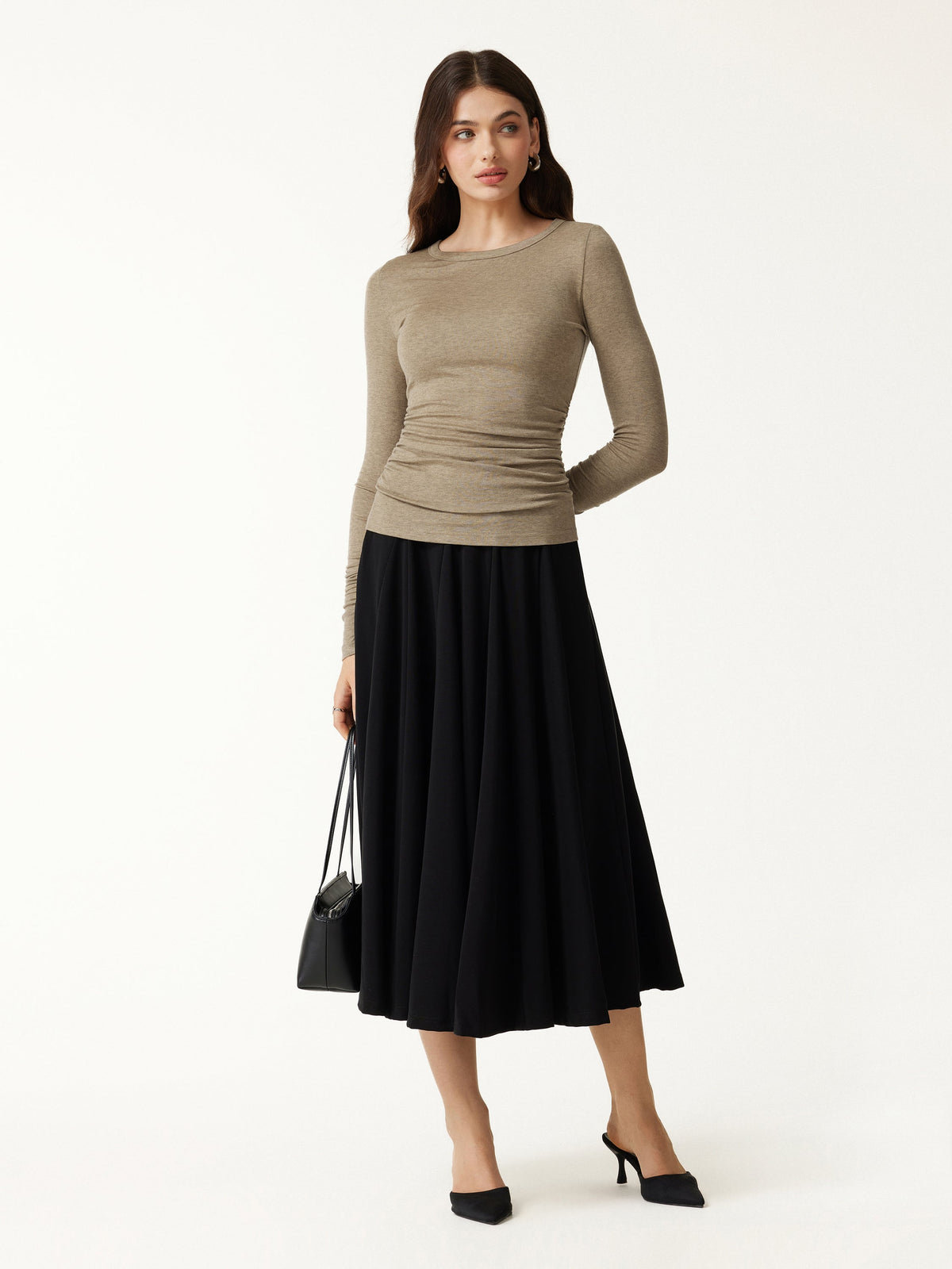 LiteWarm Lyocell-Wool Round Neck Long Sleeve Ruched Top — original photo 2
