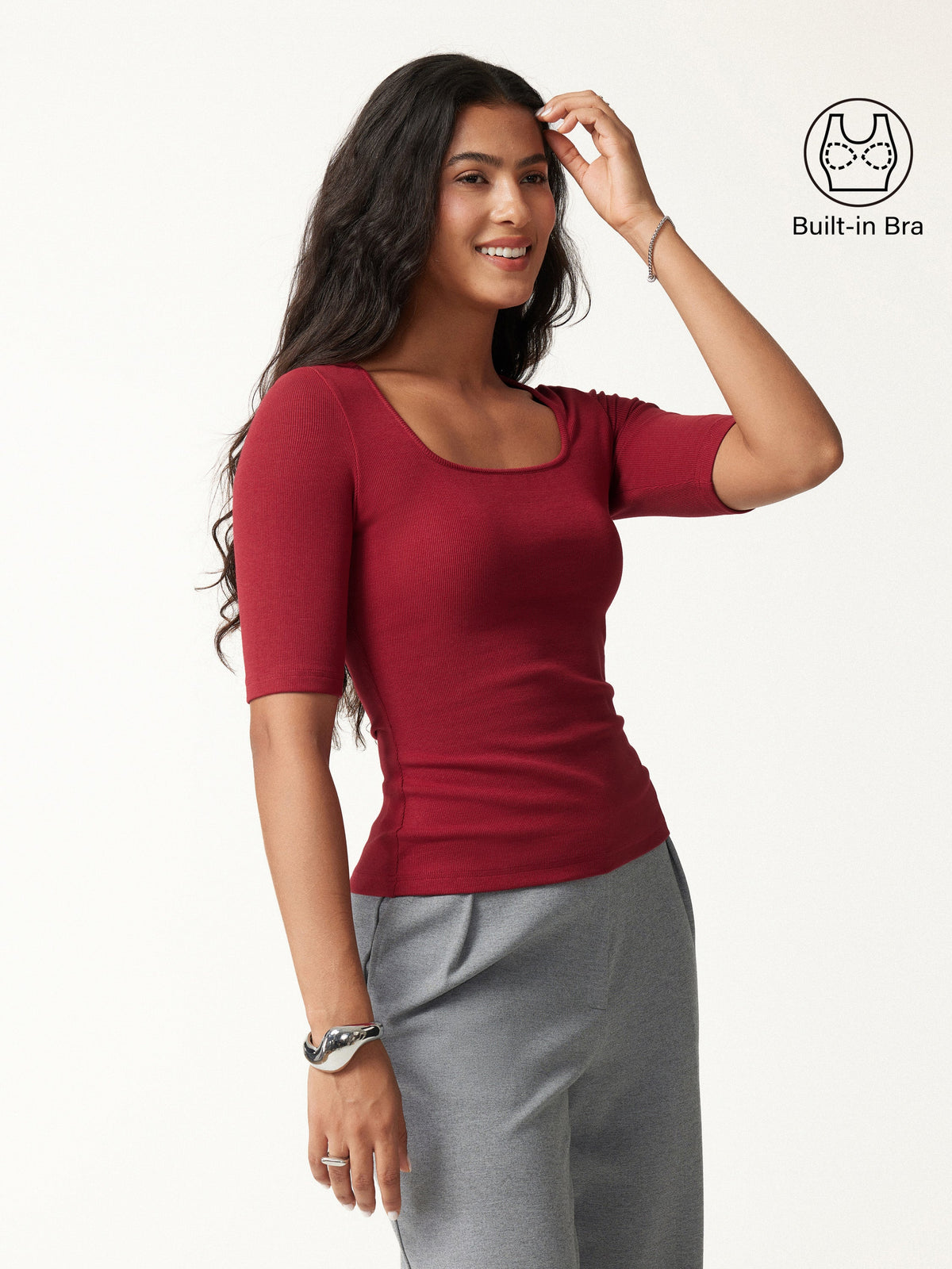 Square Neck Elbow Sleeve Built-In Bra Top — original photo 3