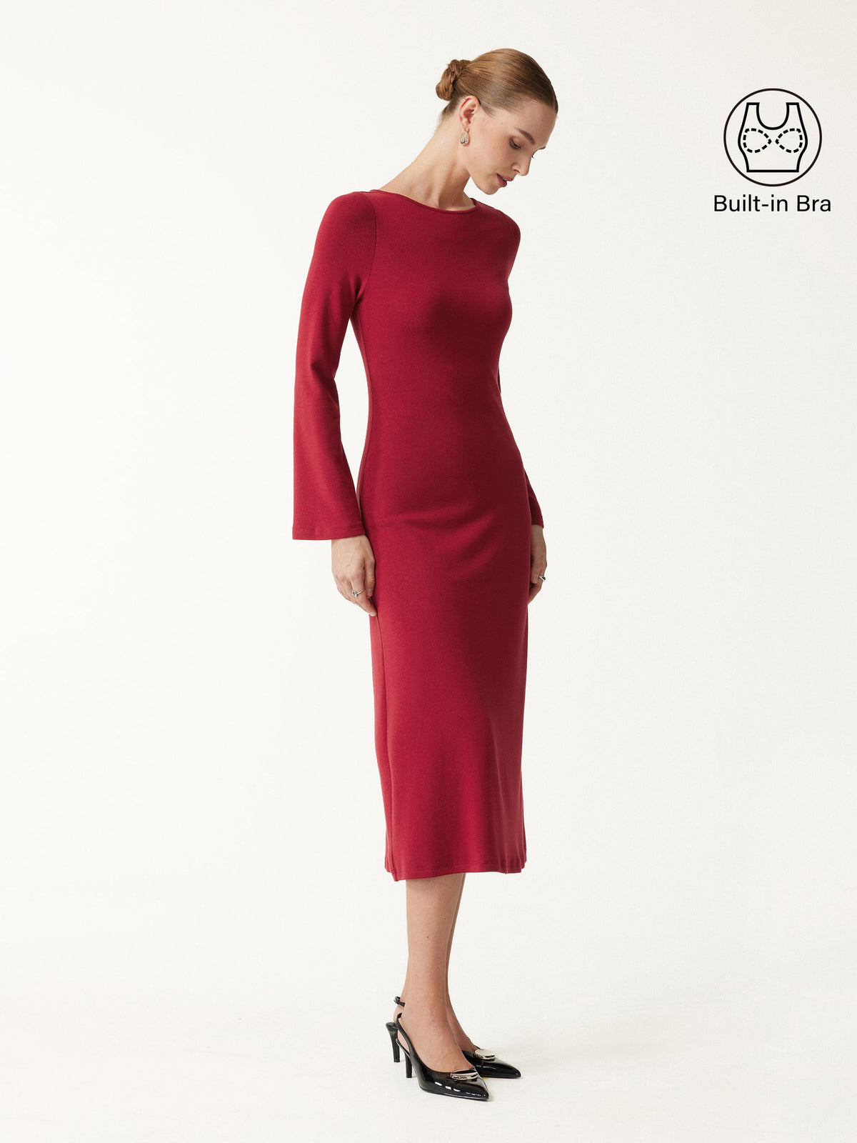 LiteWarm Boatneck Bell Sleeve Midi Built-In Bra Dress — original photo 1