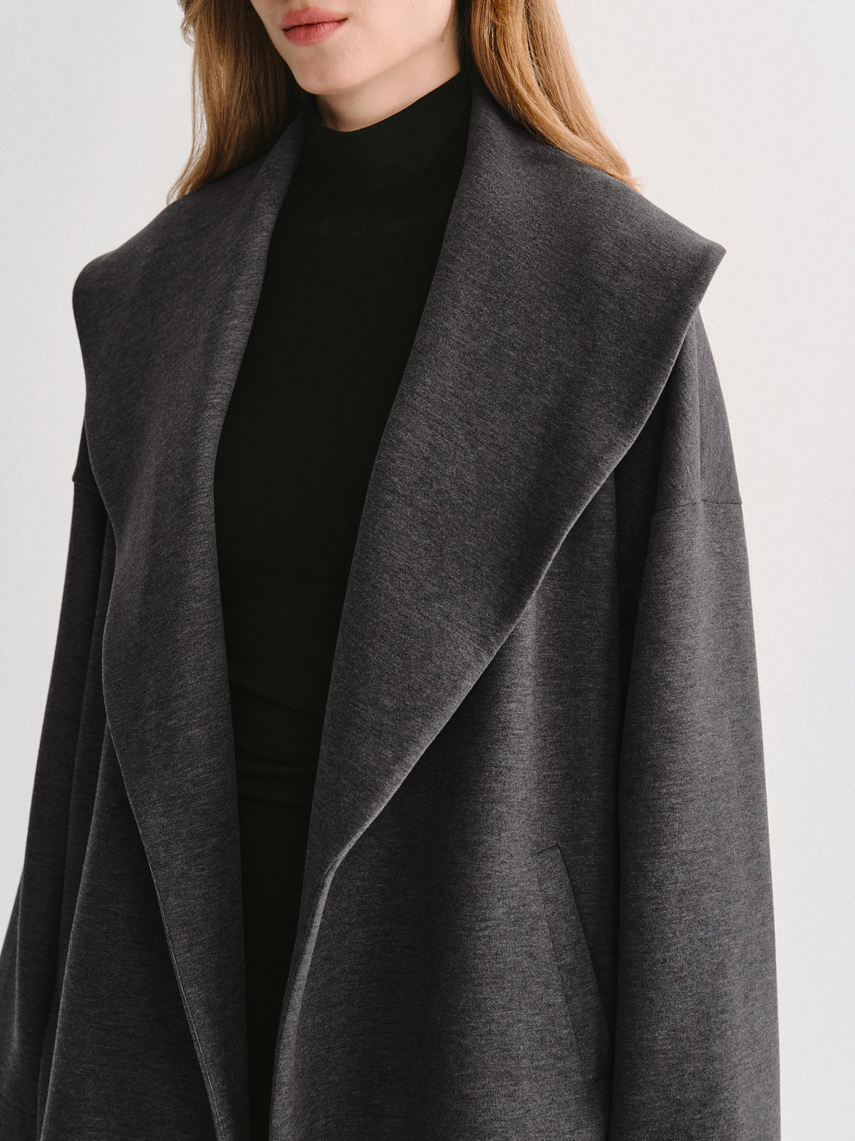 FuzzLuxe Draped Shawl Collar Long Sleeve Belted Jacket — original photo 5