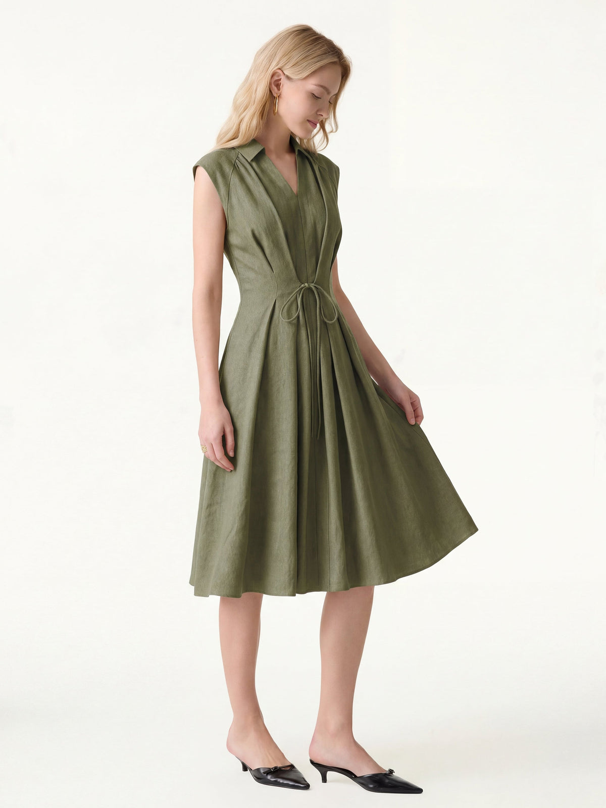 Viscose-Linen Collared V-neck Midi Dress with Drawstring — original photo 10