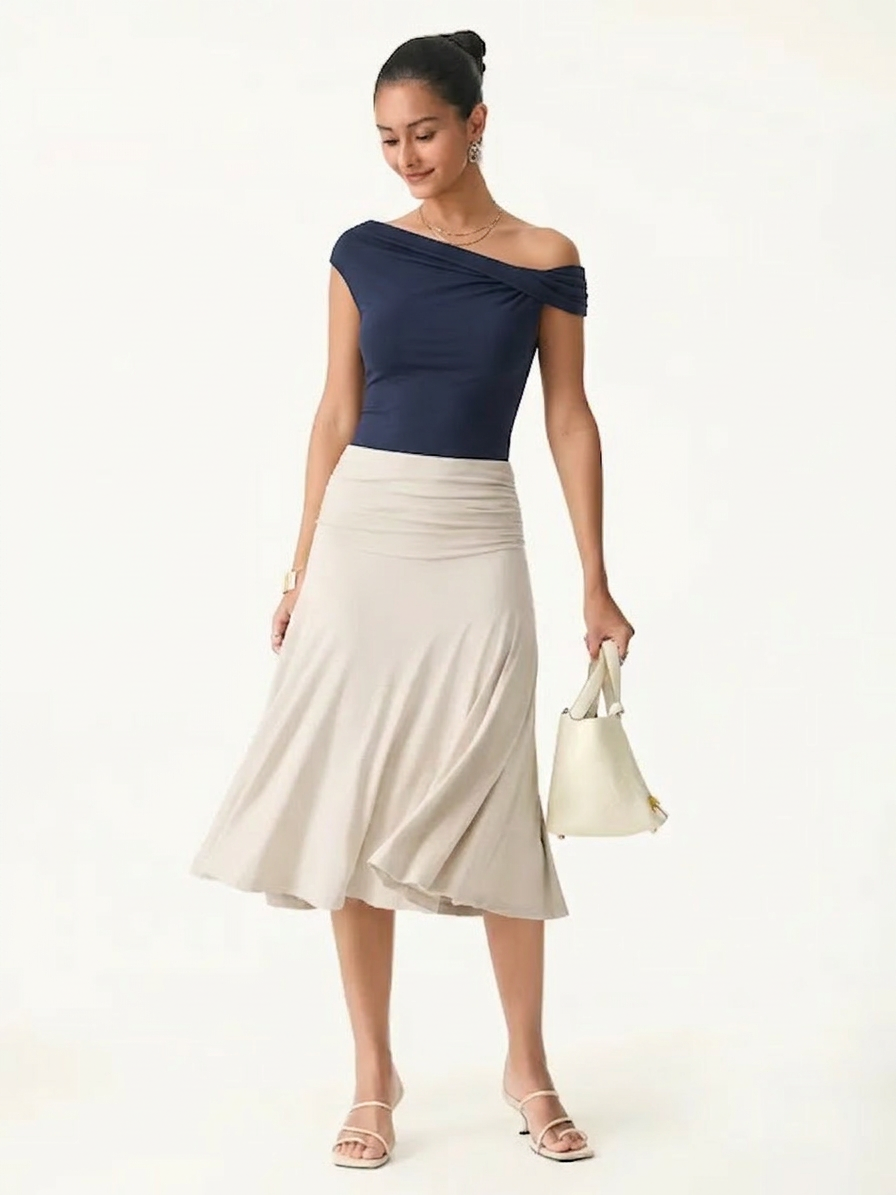 2Pcs Set Multi-wear Built-In Bra Top & Side Ruched A-line Midi Skirt — original photo 3