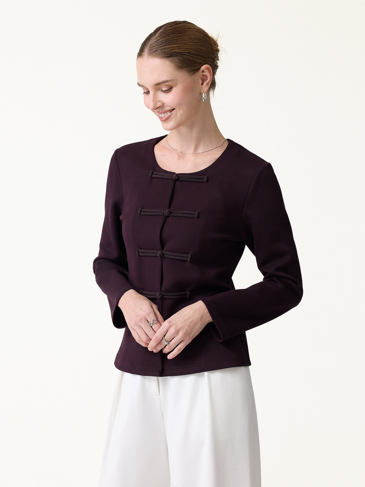 Stretch Ponte Frog-Button Round Neck Long Sleeve Jacket — original photo 1