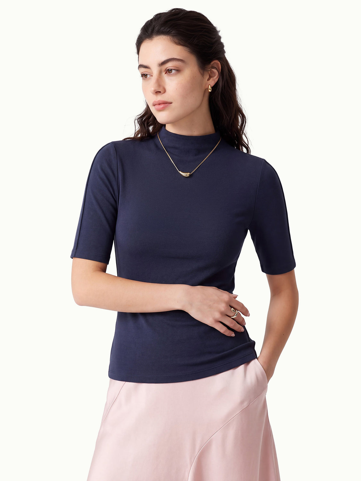 LiteWarm Mock Neck Elbow Sleeve Pintuck Built-In Bra Top — original photo 14
