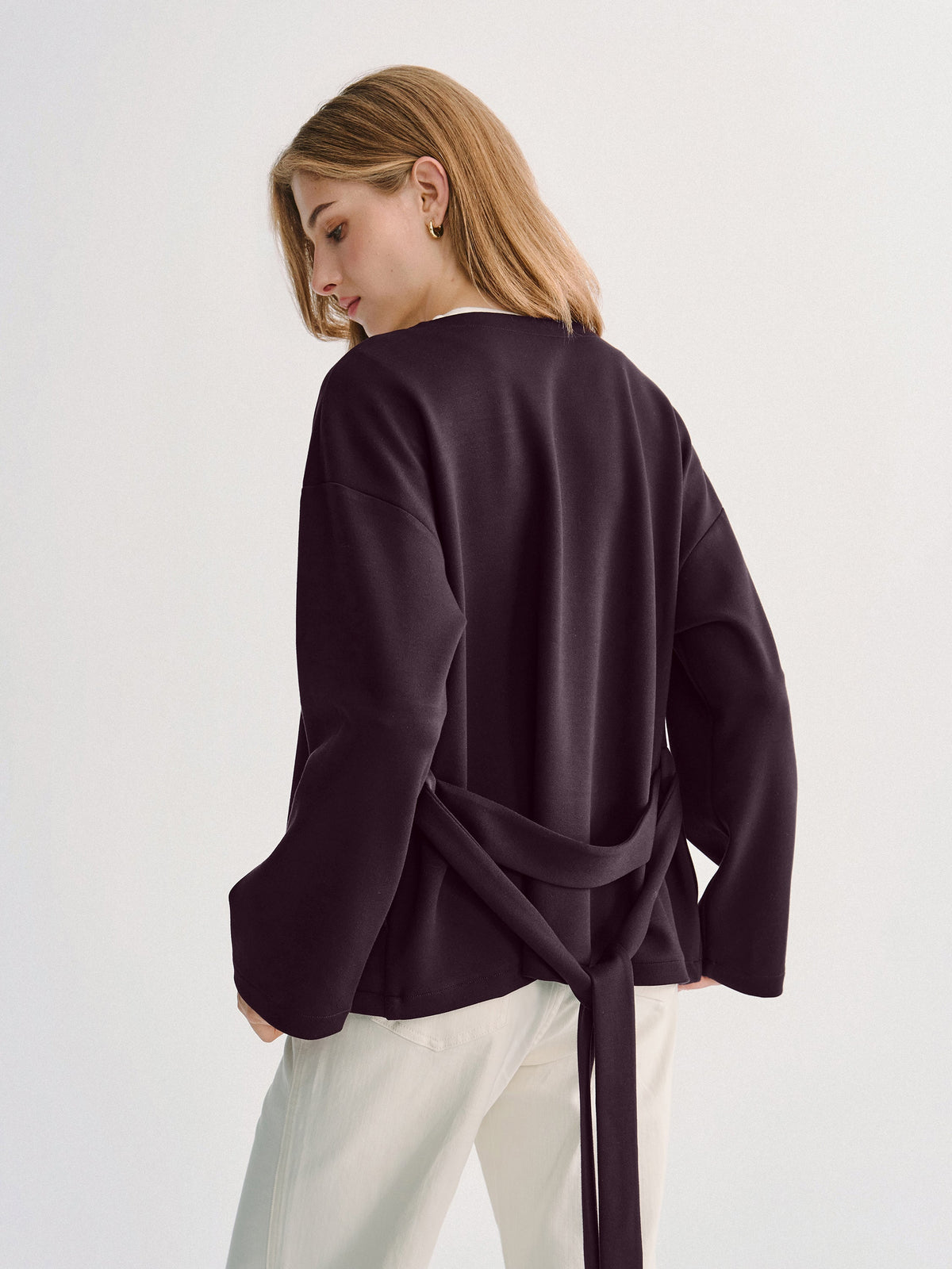2Pcs Set Round Neck Long Sleeve Belted Jacket with Pockets & Mid-Rise Flared Pants with Pockets — original photo 9