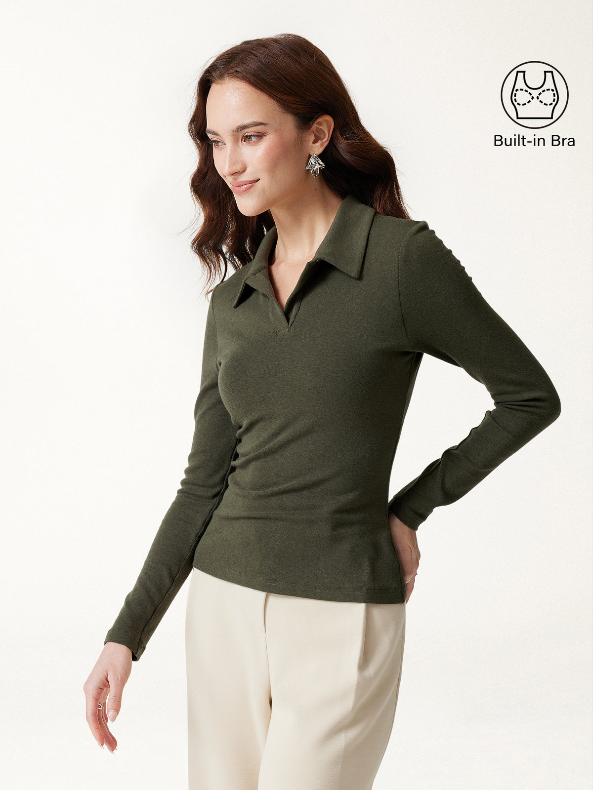 LiteWarm Office Staple V-Neck Lapel Long Sleeve Built-In Bra Top — original photo 3