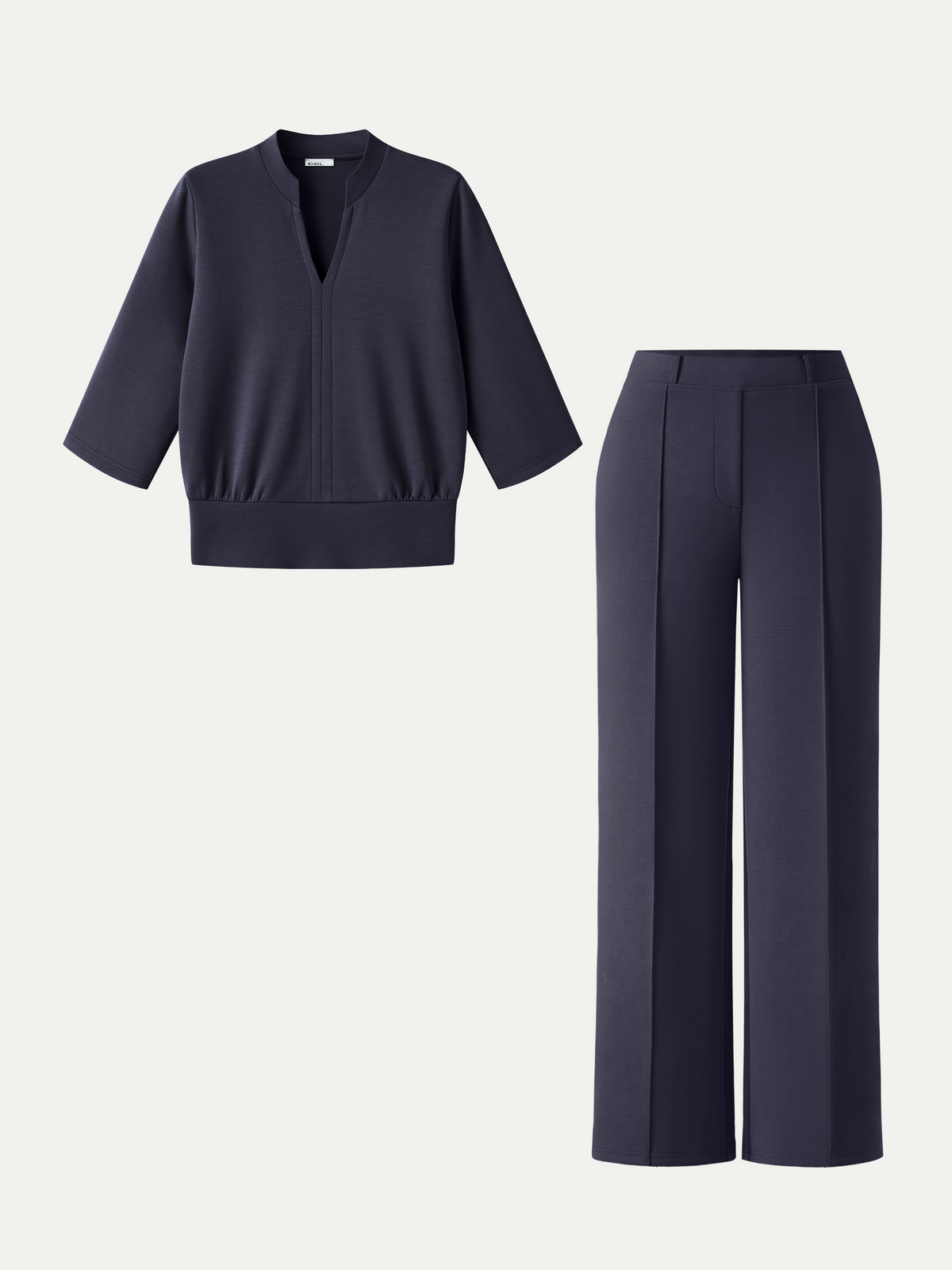 2Pcs Set V-Neck Elbow Sleeve Top & Mid Rise Straight Leg Pants with Pockets — original photo 12