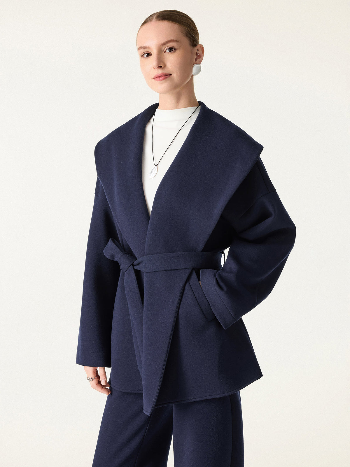 FuzzLuxe Draped Shawl Collar Long Sleeve Belted Jacket — original photo 9