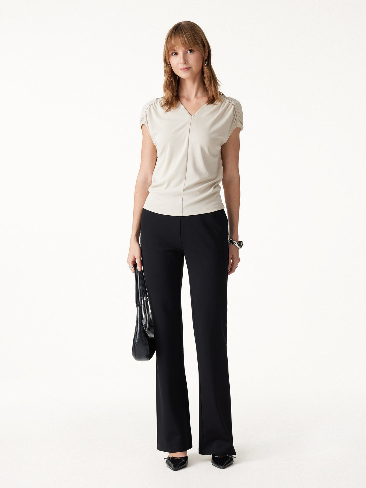 Modal Relaxed V-Neck Gathered Shoulder Top — original photo 2