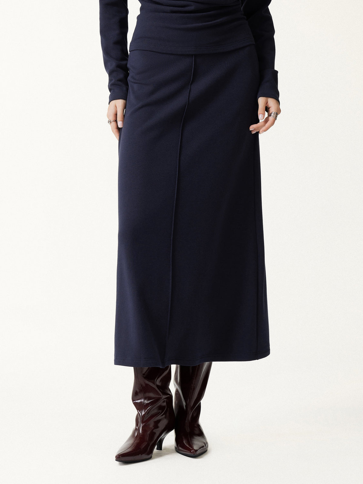 2Pcs Set Prowarm Mock Neck Long Sleeve Top & Mid-Rise A-Line Midi Skirt — original photo 8