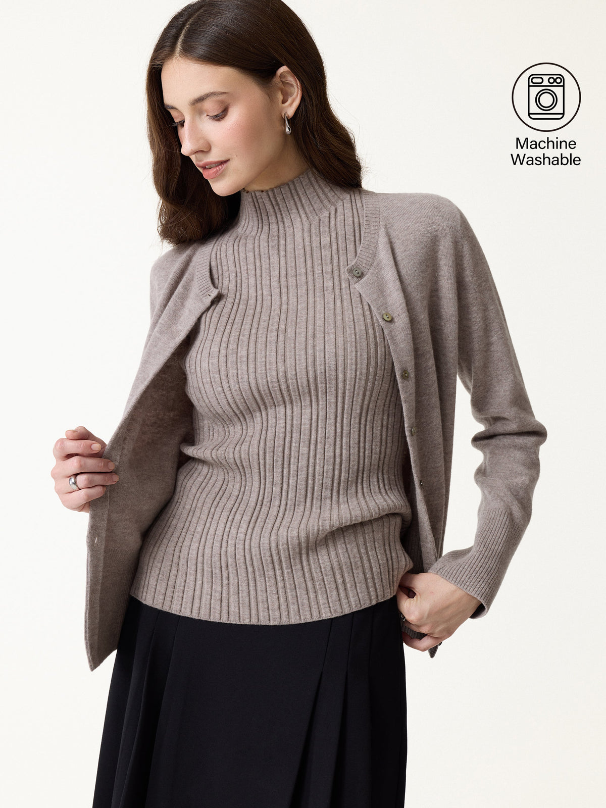 2Pcs Set 100% Merino Wool Long Sleeve Cardigan & Mock Neck Sweater — original photo 4