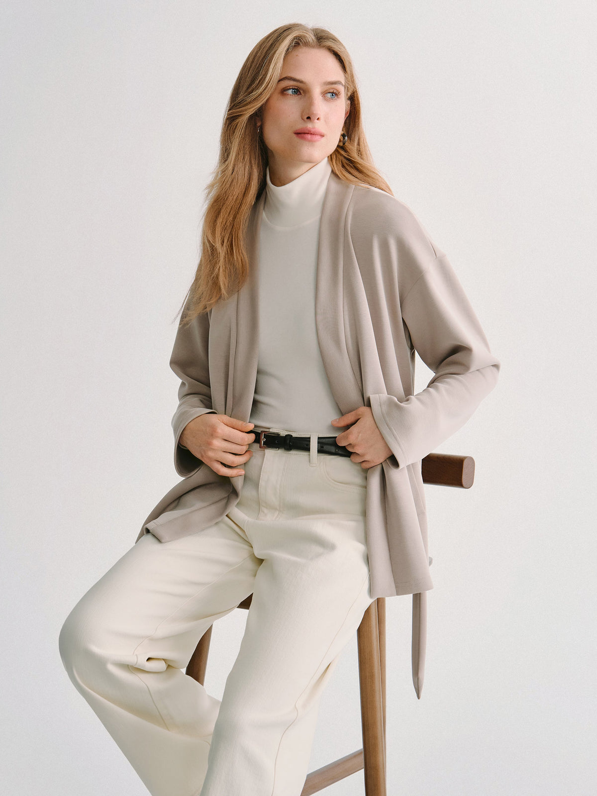 Modal Stretch Fleece Crossover Belted Wrap Cardigan Coat with Pockets — original photo 3