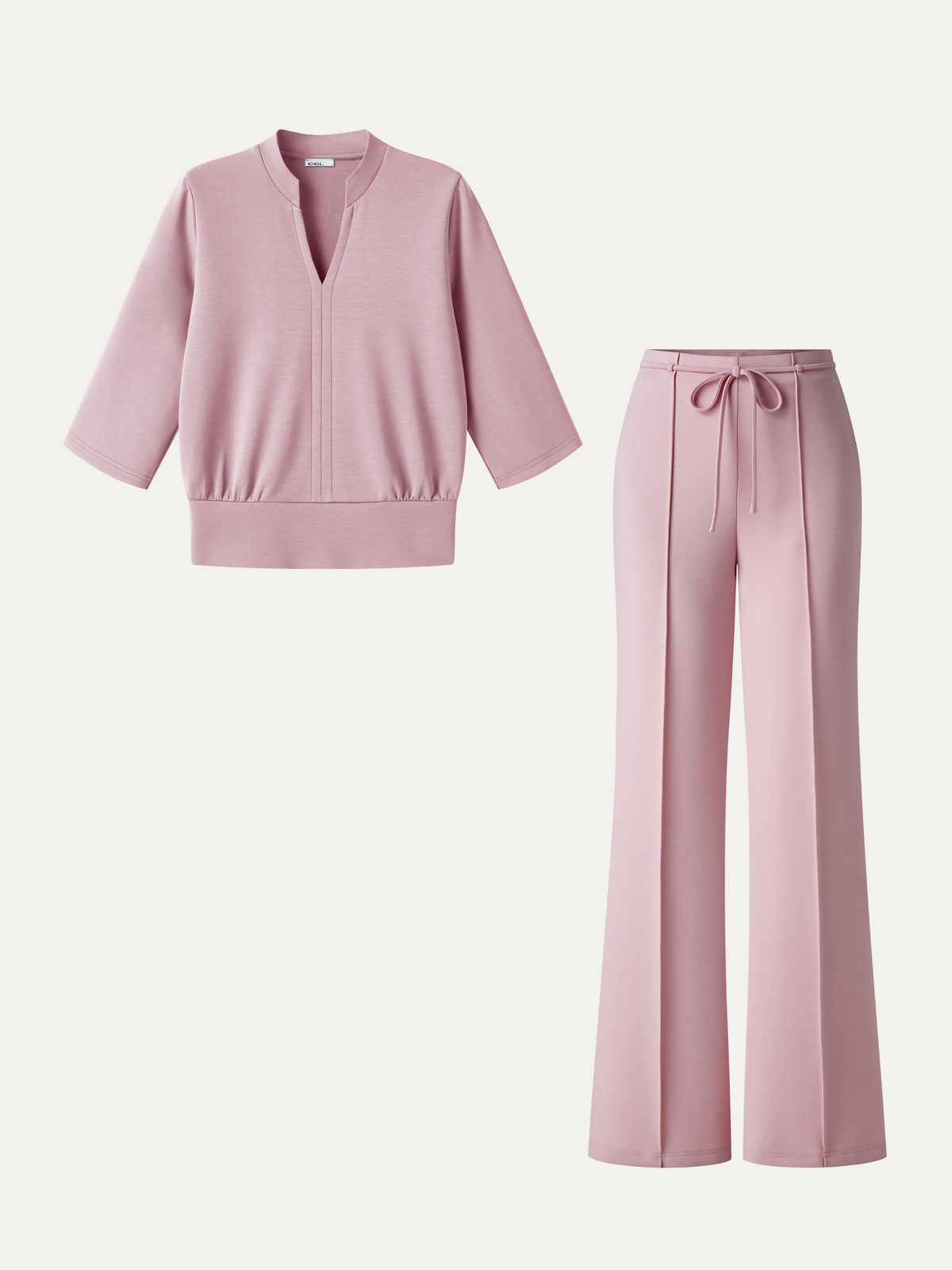 2Pcs Set V-Neck Elbow Sleeve Bam Top & High-Rise Flare Pants with Pockets — original photo 9