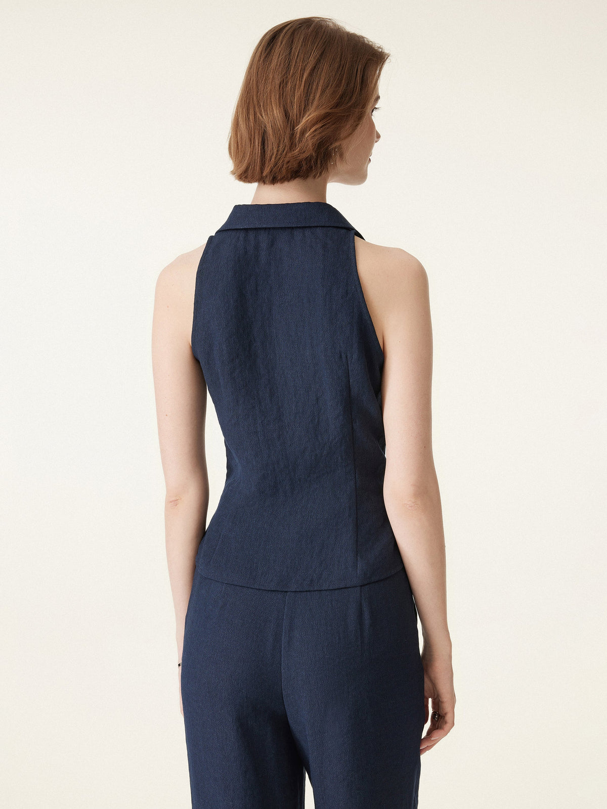 Collared V-neck Pleated Sleeveless Top with Drawstring — original photo 4