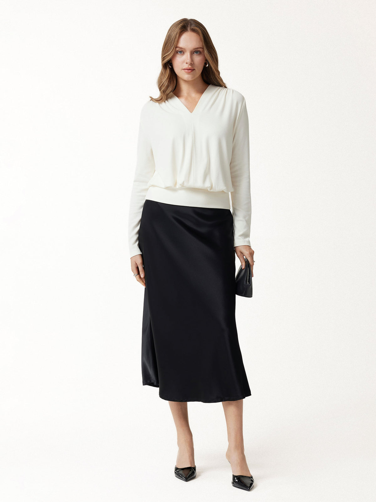 LiteWarm V-Neck Long Sleeve Ruched Banded Hem Top — original photo 2