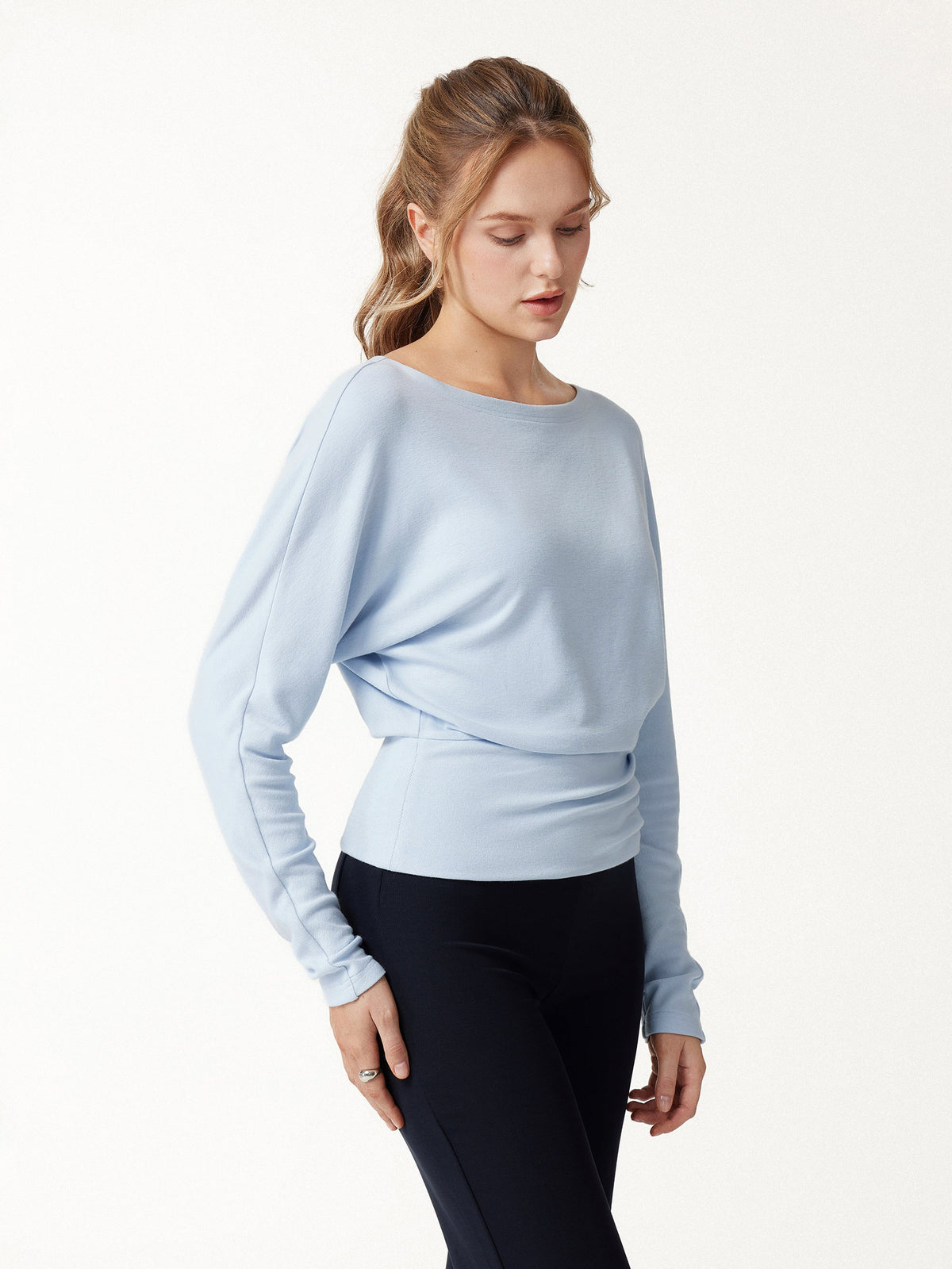 LiteWarm Slash Neck Batwing Sleeve Ruched Banded Hem Top — original photo 3