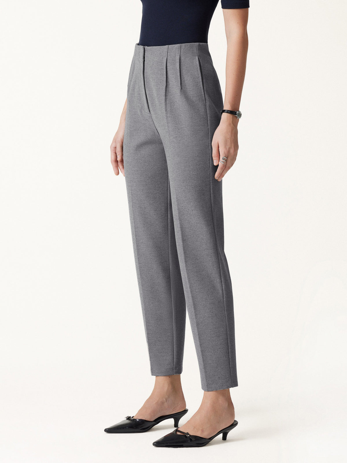 Ponte Mid-Rise Ankled Tapered Tuck Pants with Pockets — original photo 4