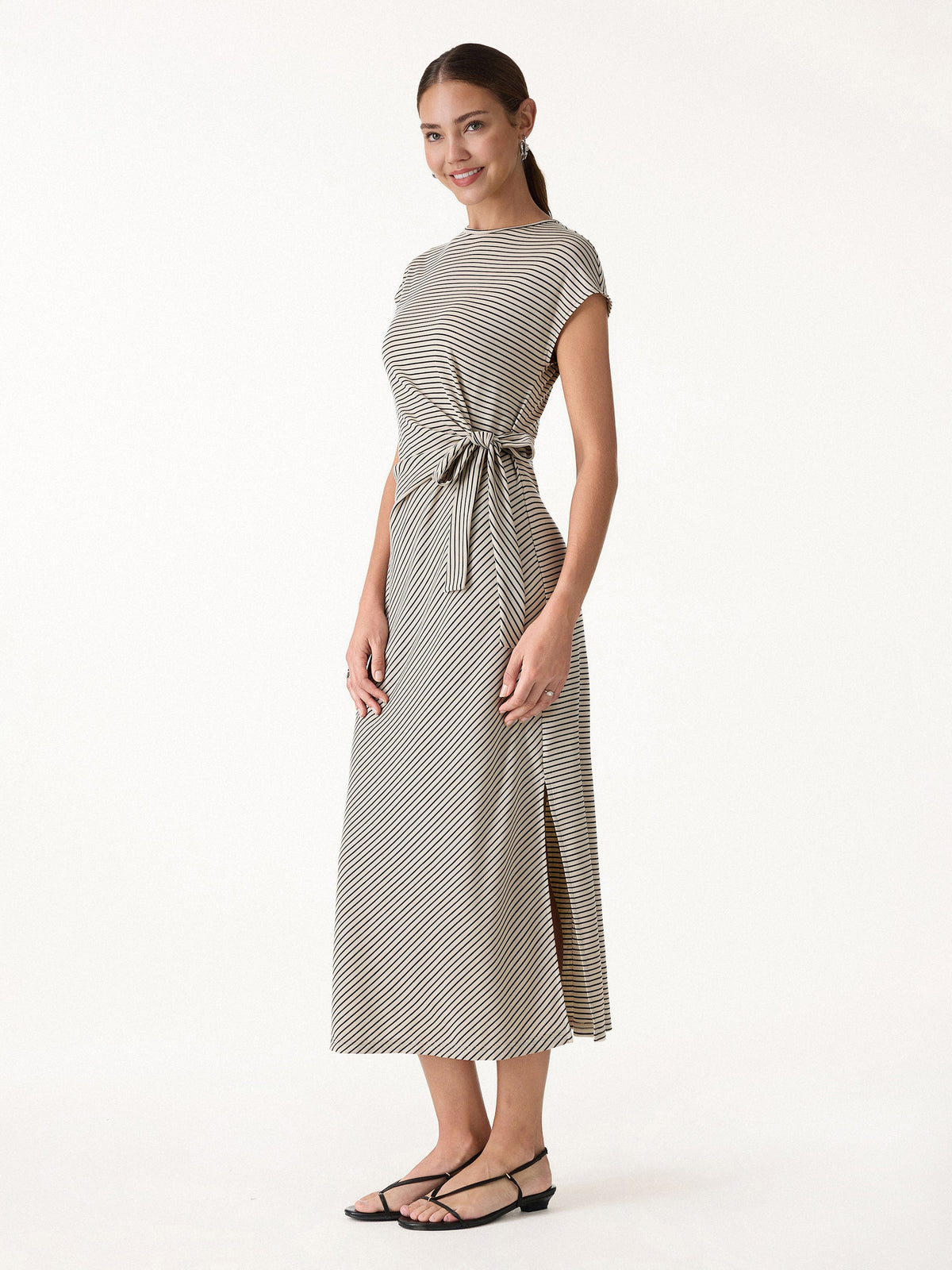 Striped Relaxed Midi Dress with Self-Tie — original photo 1