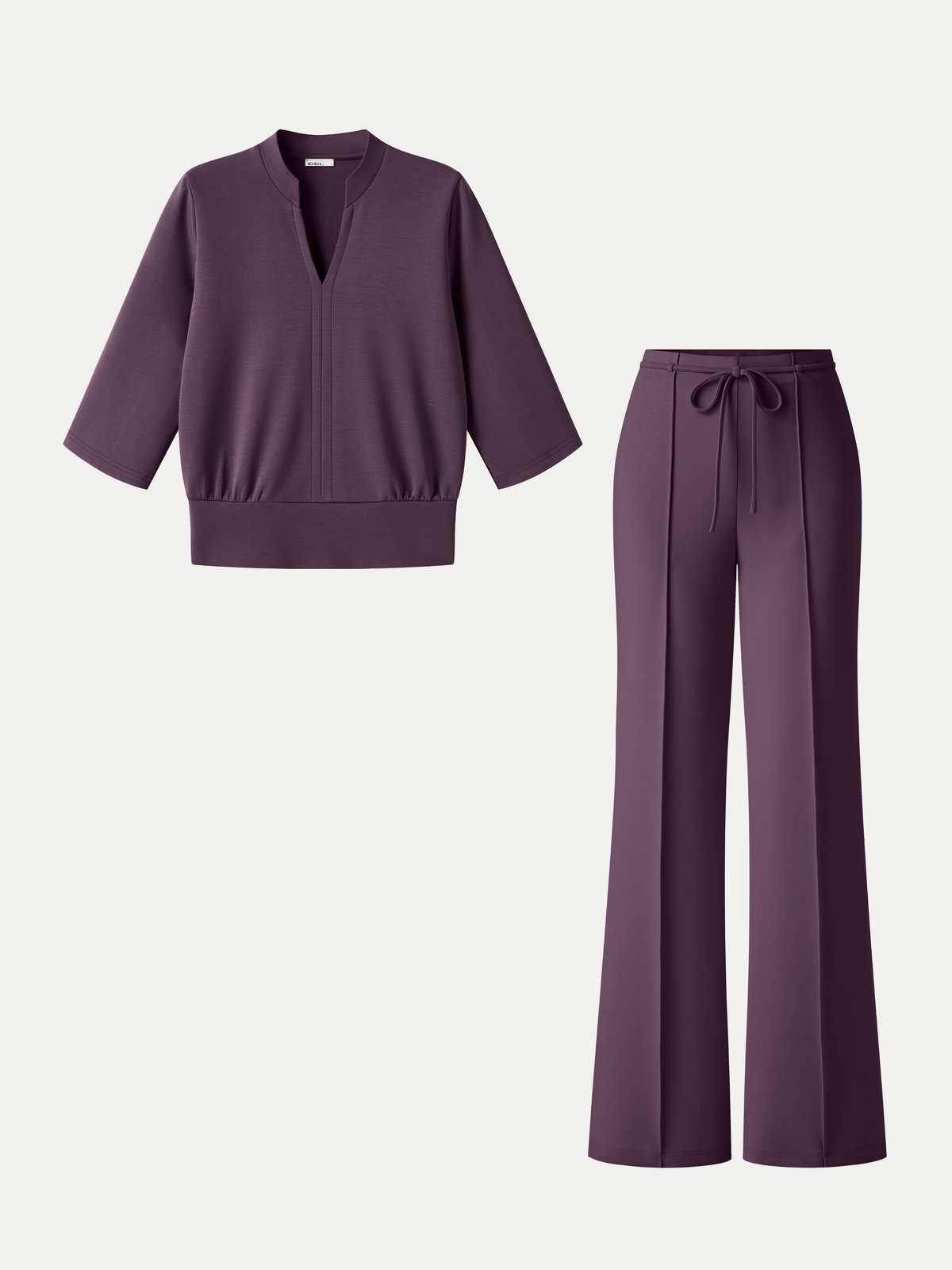 2Pcs Set V-Neck Elbow Sleeve Bam Top & High-Rise Flare Pants with Pockets — original photo 12