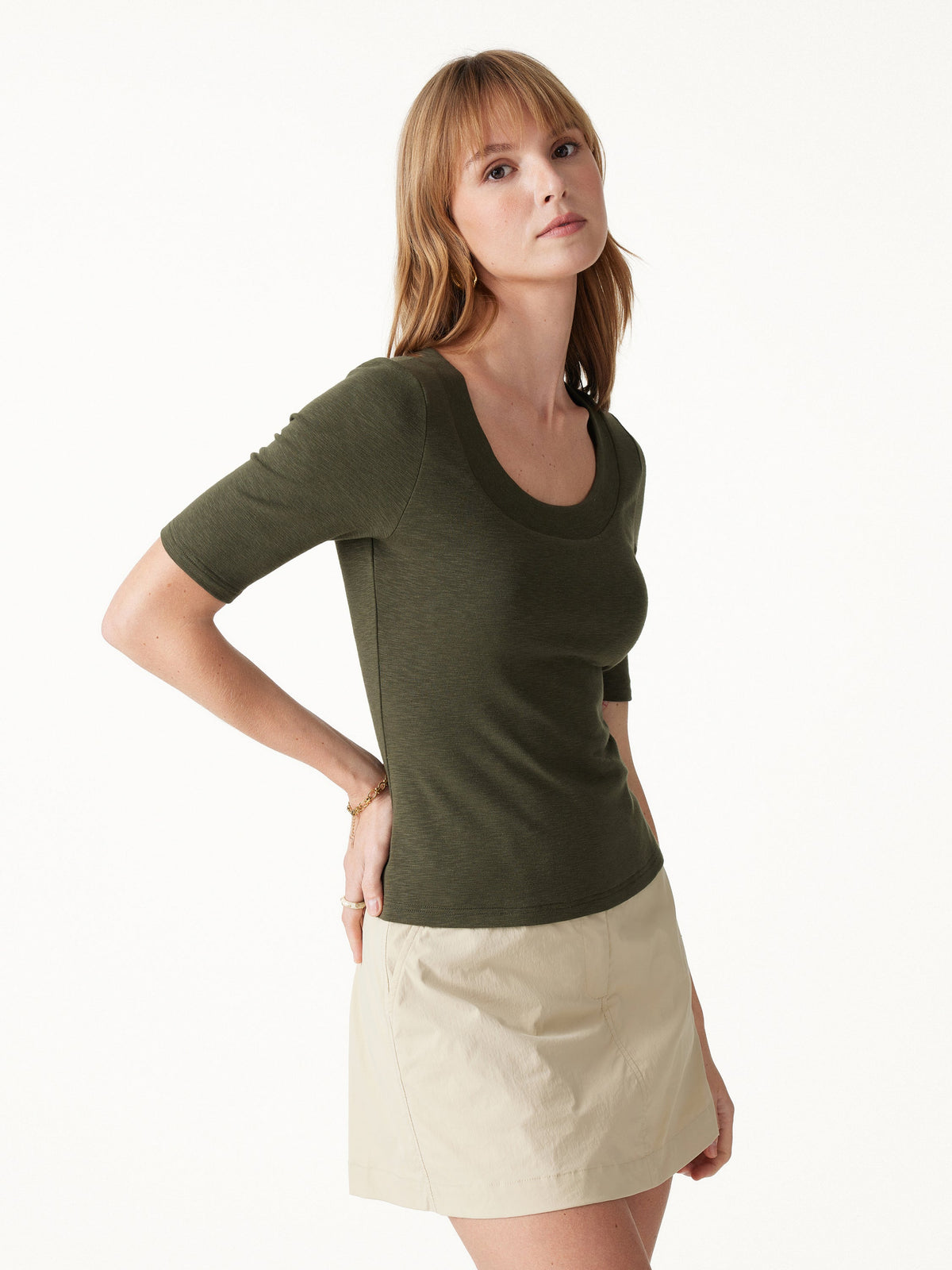 LiteWarm Slub U-Neck Elbow Sleeve Built-In Bra Top — original photo 4