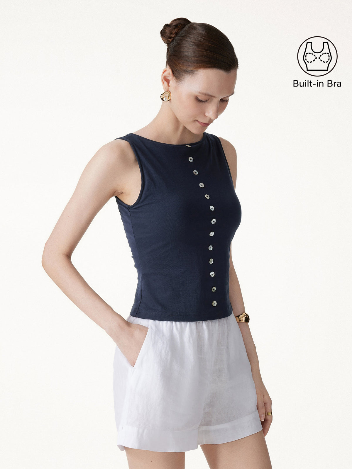 Cotton-Linen Boatneck Cropped Built-In Bra Top — original photo 3