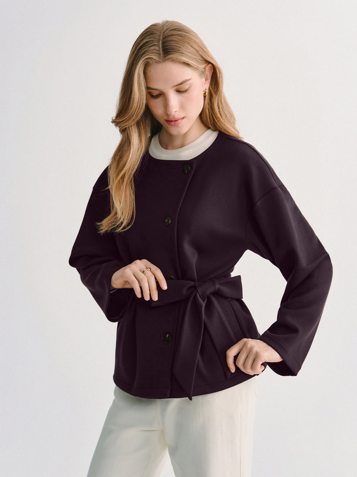 Bamboo-Blend Round Neck Long Sleeve Belted Jacket with Pockets — original photo 3