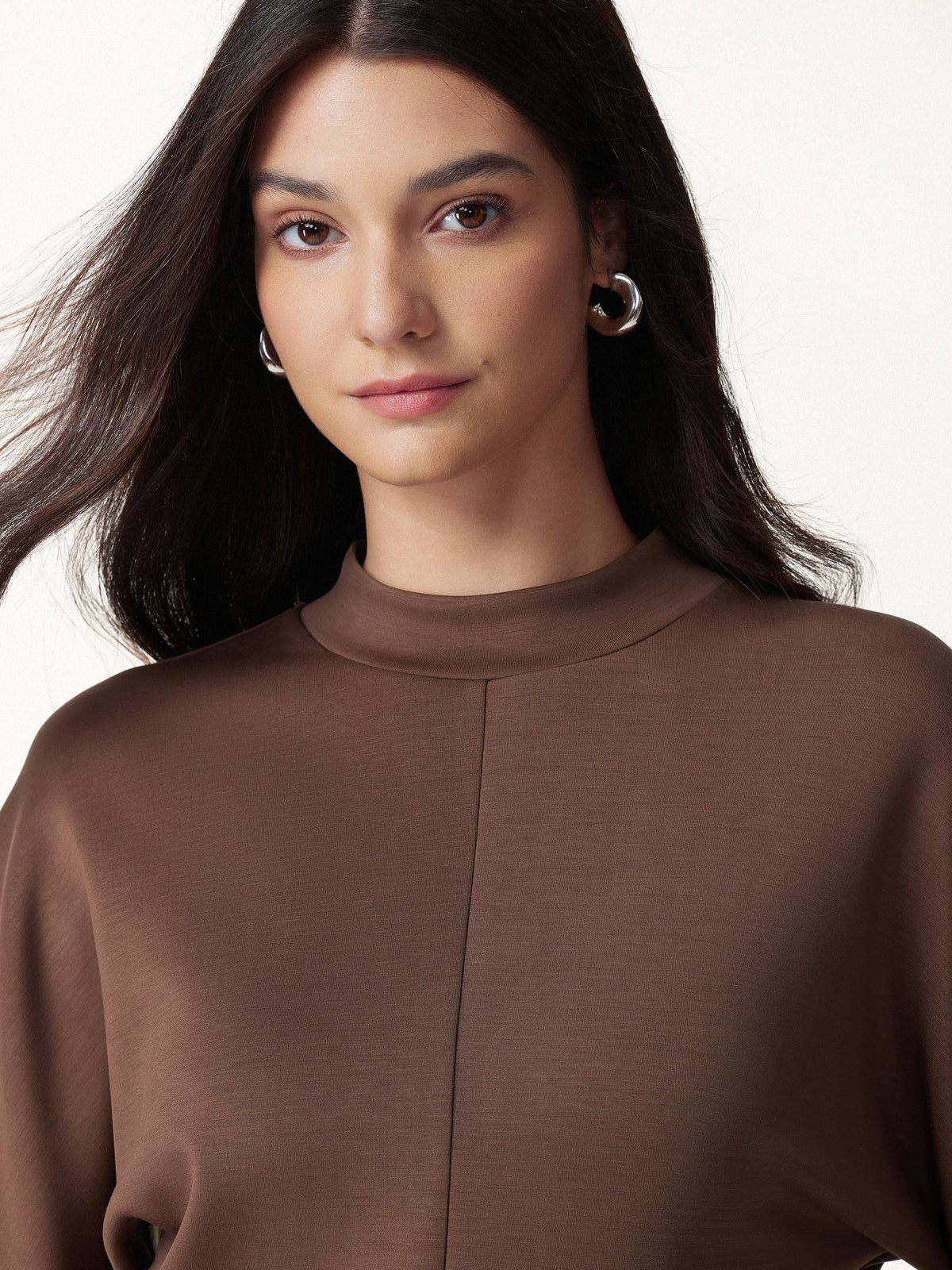 Modal Spacer Knit Mock Neck Batwing Sleeve Banded Hem Top — original photo 5