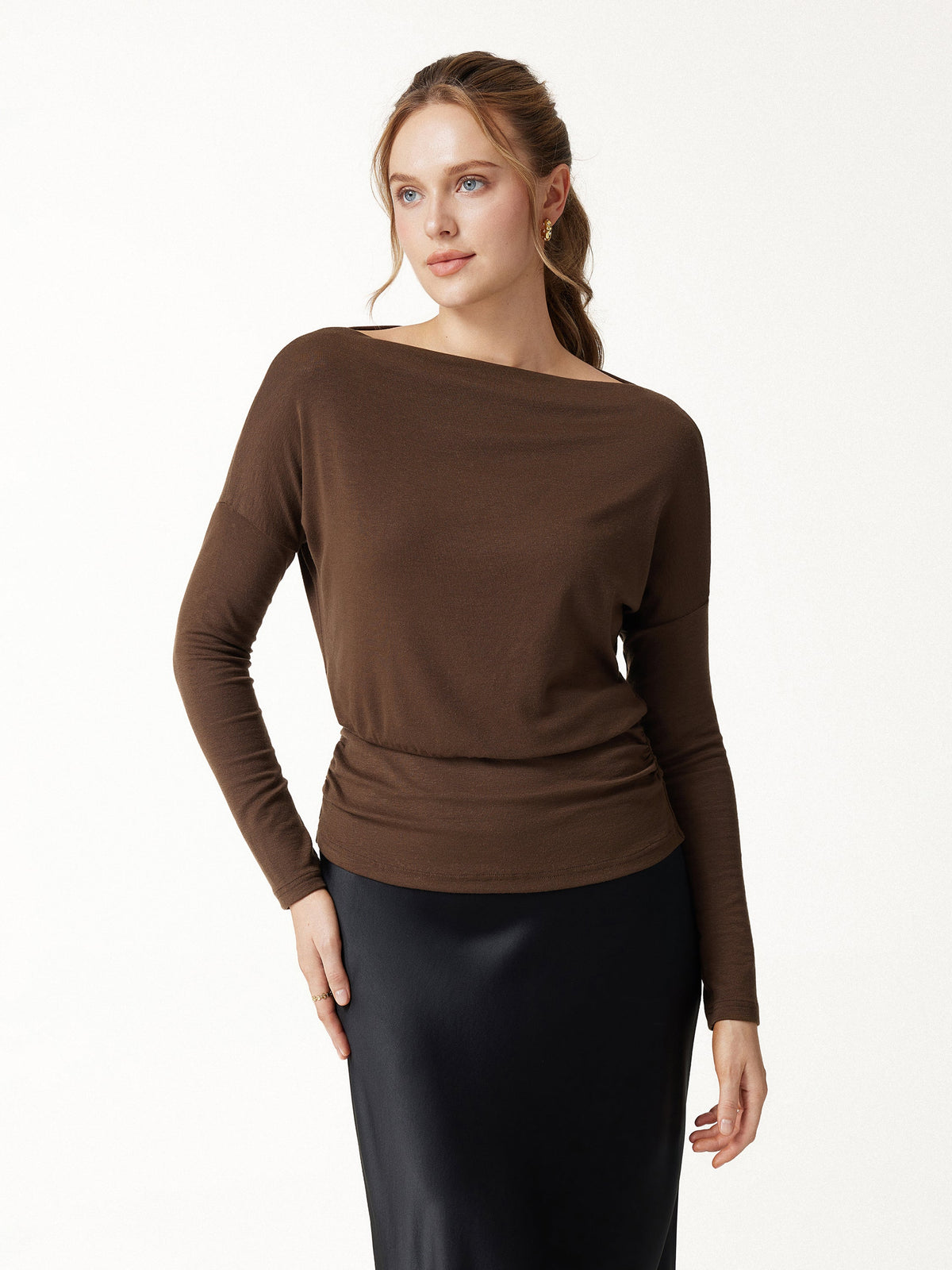 LiteWarm Lyocell-Wool Slash Neck Long Sleeve Ruched Banded Hem Top — original photo 1