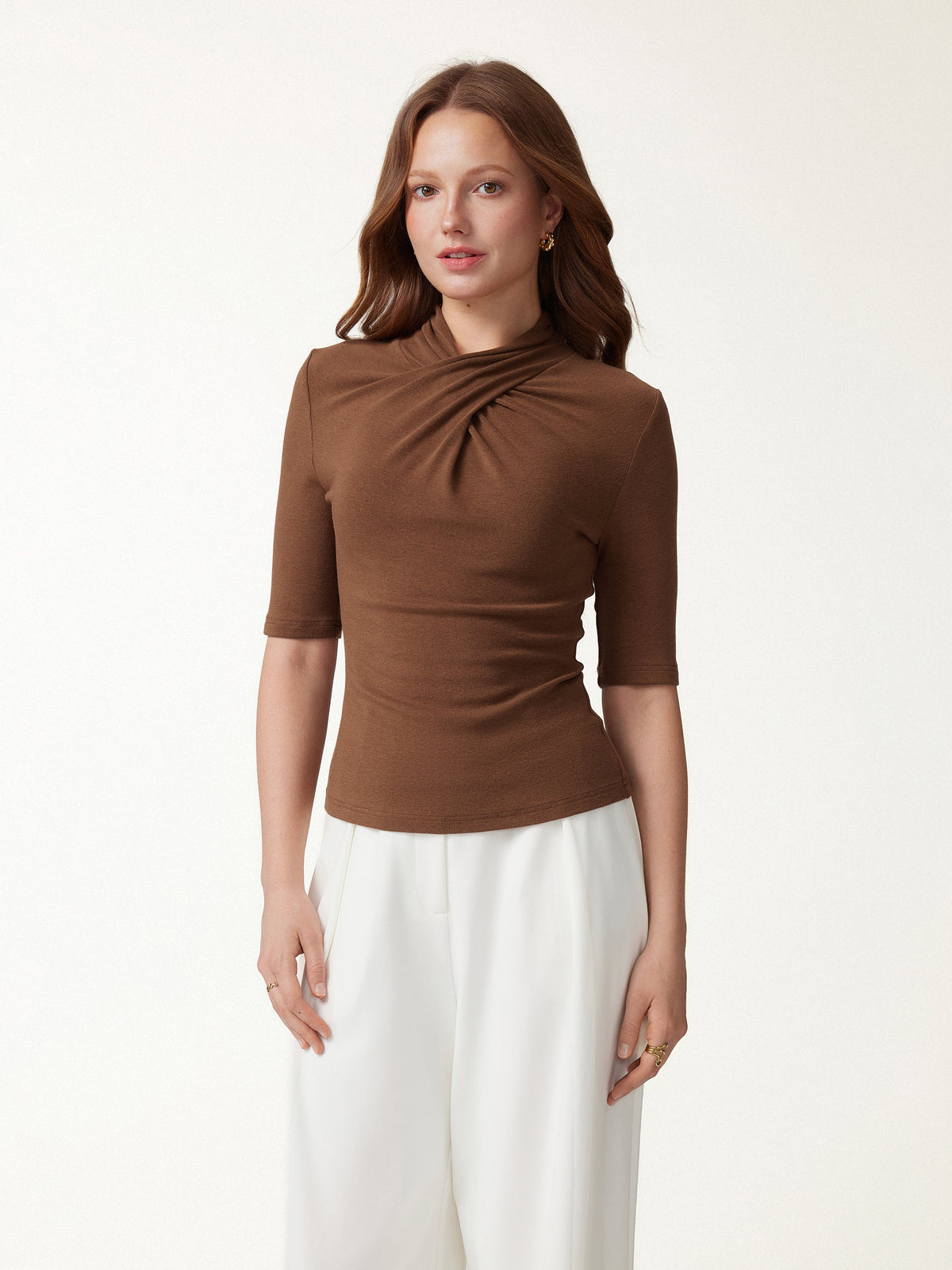 LiteWarm Crisscross Mock Neck Elbow Sleeve Ruched Top — original photo 4