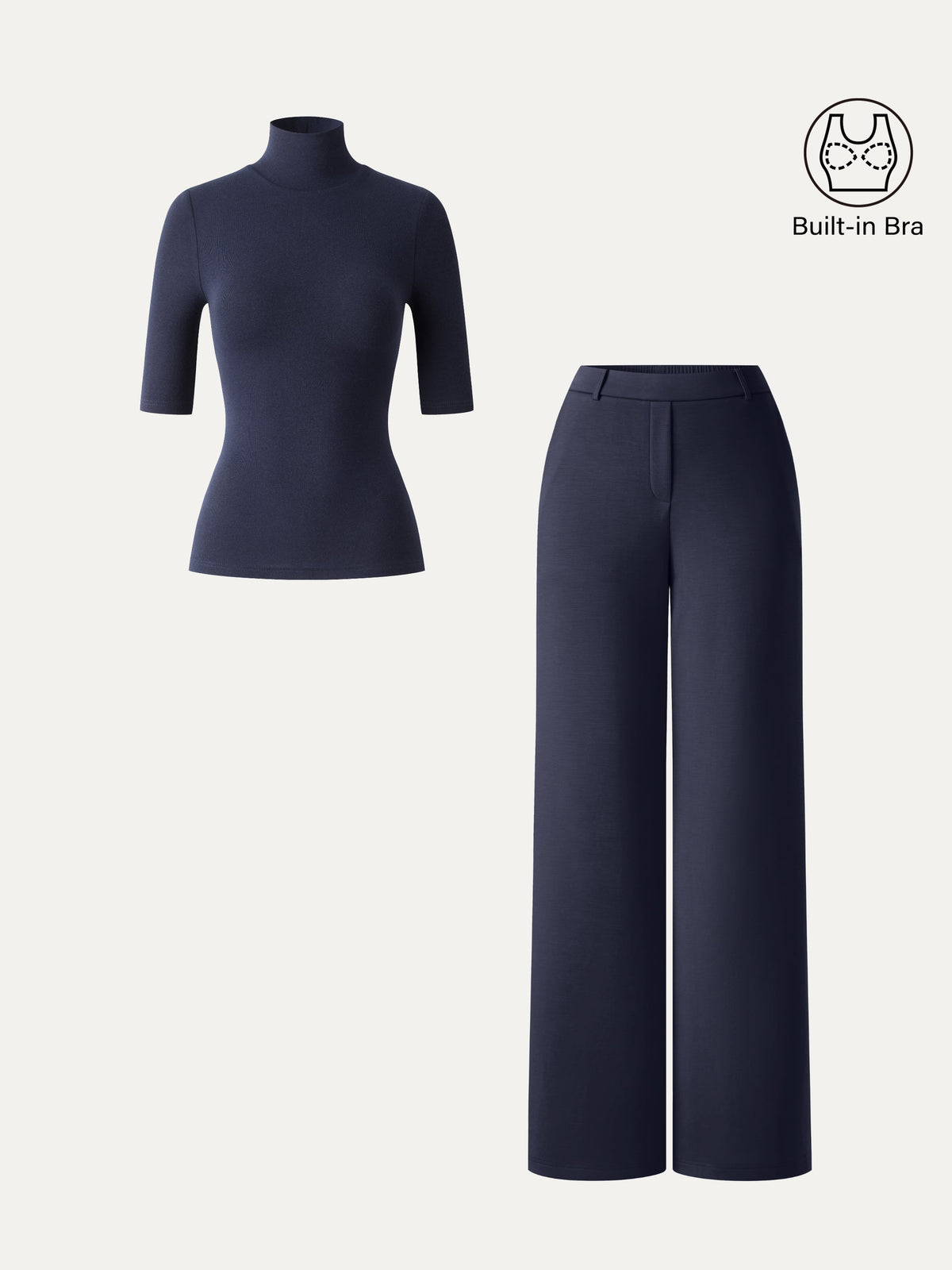 2Pcs Set LiteWarm Elbow Length Sleeve Built-In Bra Top & High-Rise Wide Leg Pants — original photo 2
