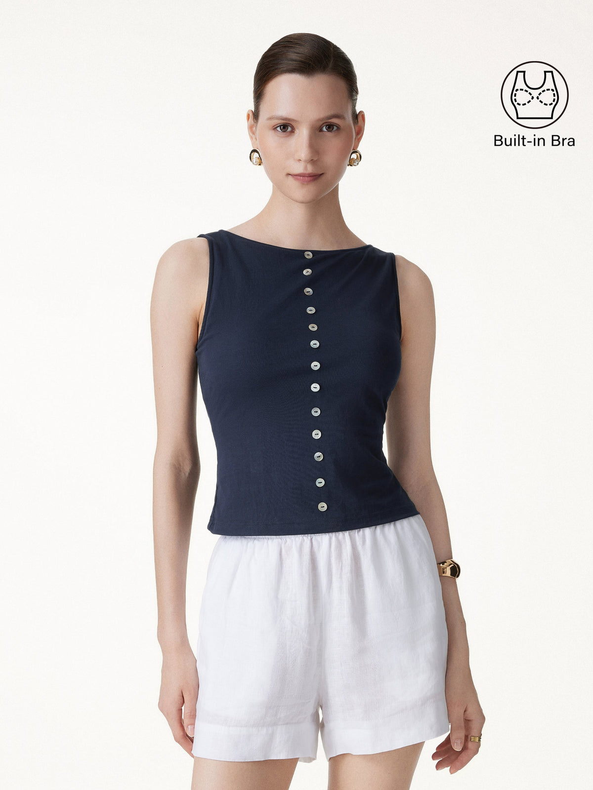 Cotton-Linen Boatneck Cropped Built-In Bra Top — original photo 1