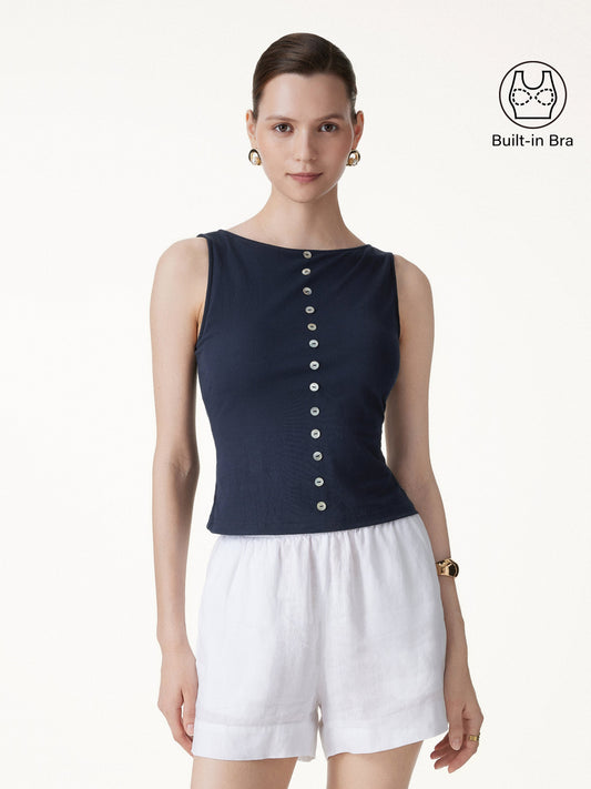 Cotton-Linen Boatneck Cropped Built-In Bra Top — original photo 1