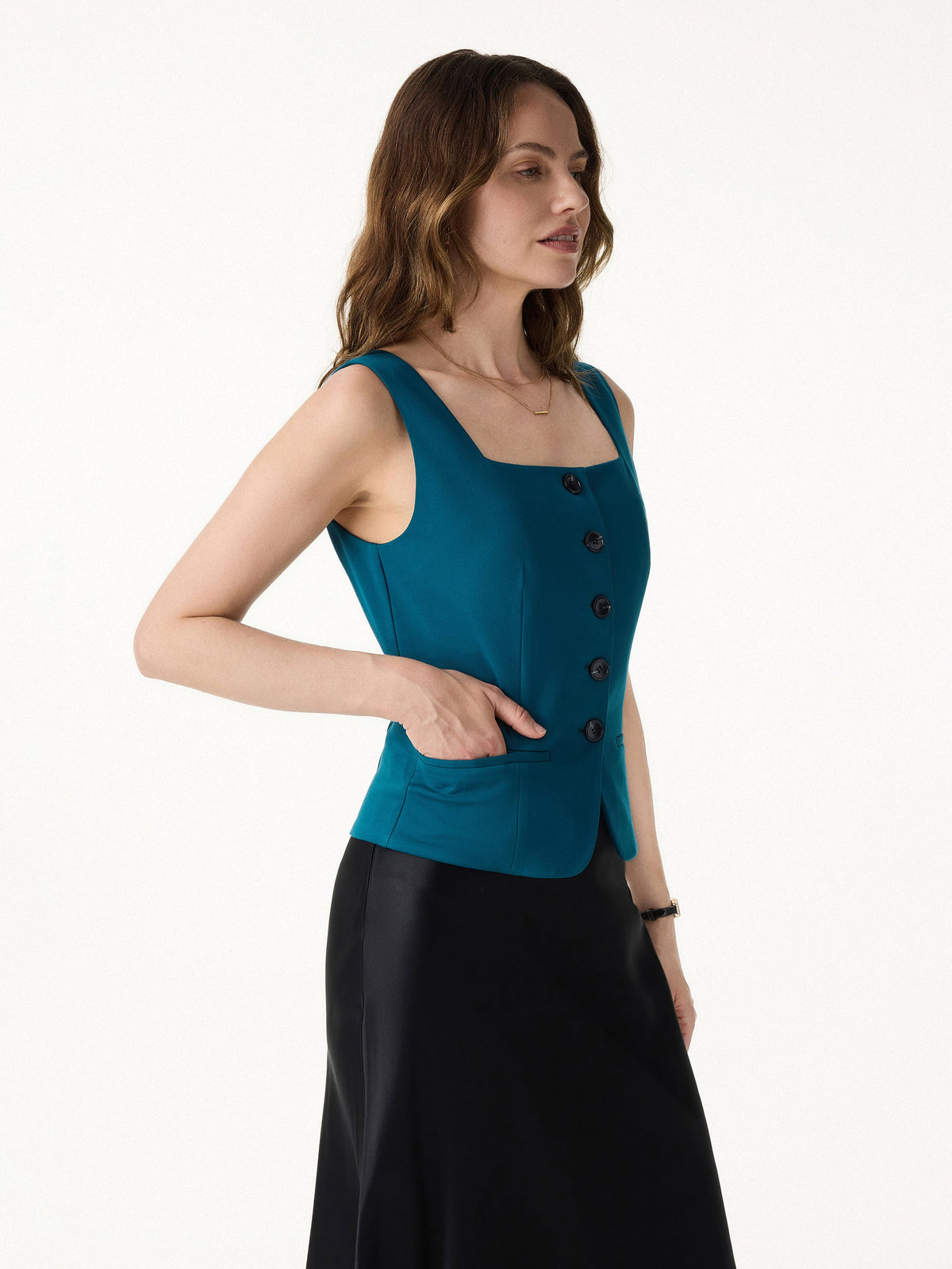 Stretch Ponte Square Neck Cropped Waistcoat with Pockets — original photo 3