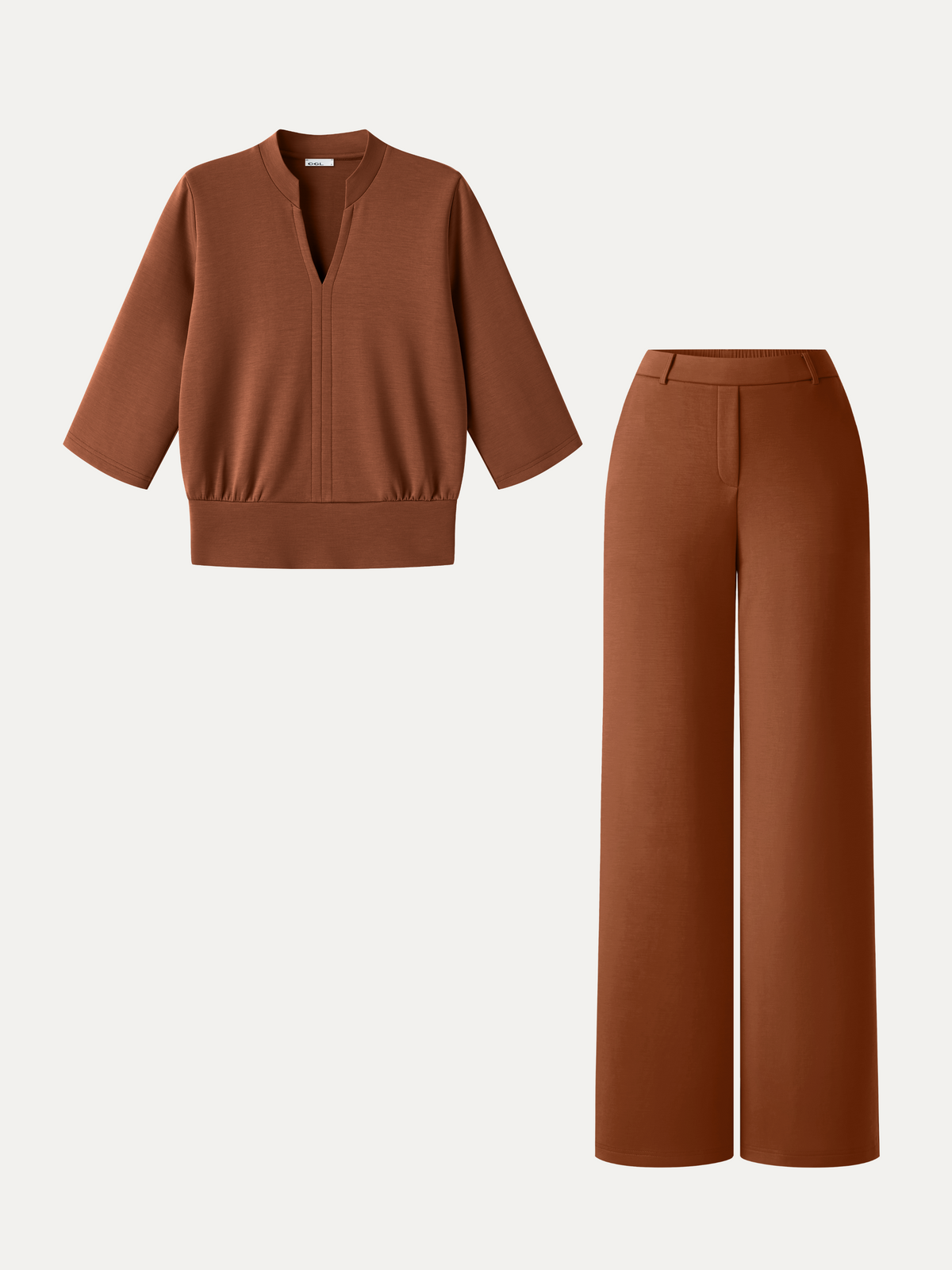 2Pcs Set V-Neck Elbow Sleeve Top & High-Rise Wide Leg Pants with Pockets — original photo 14