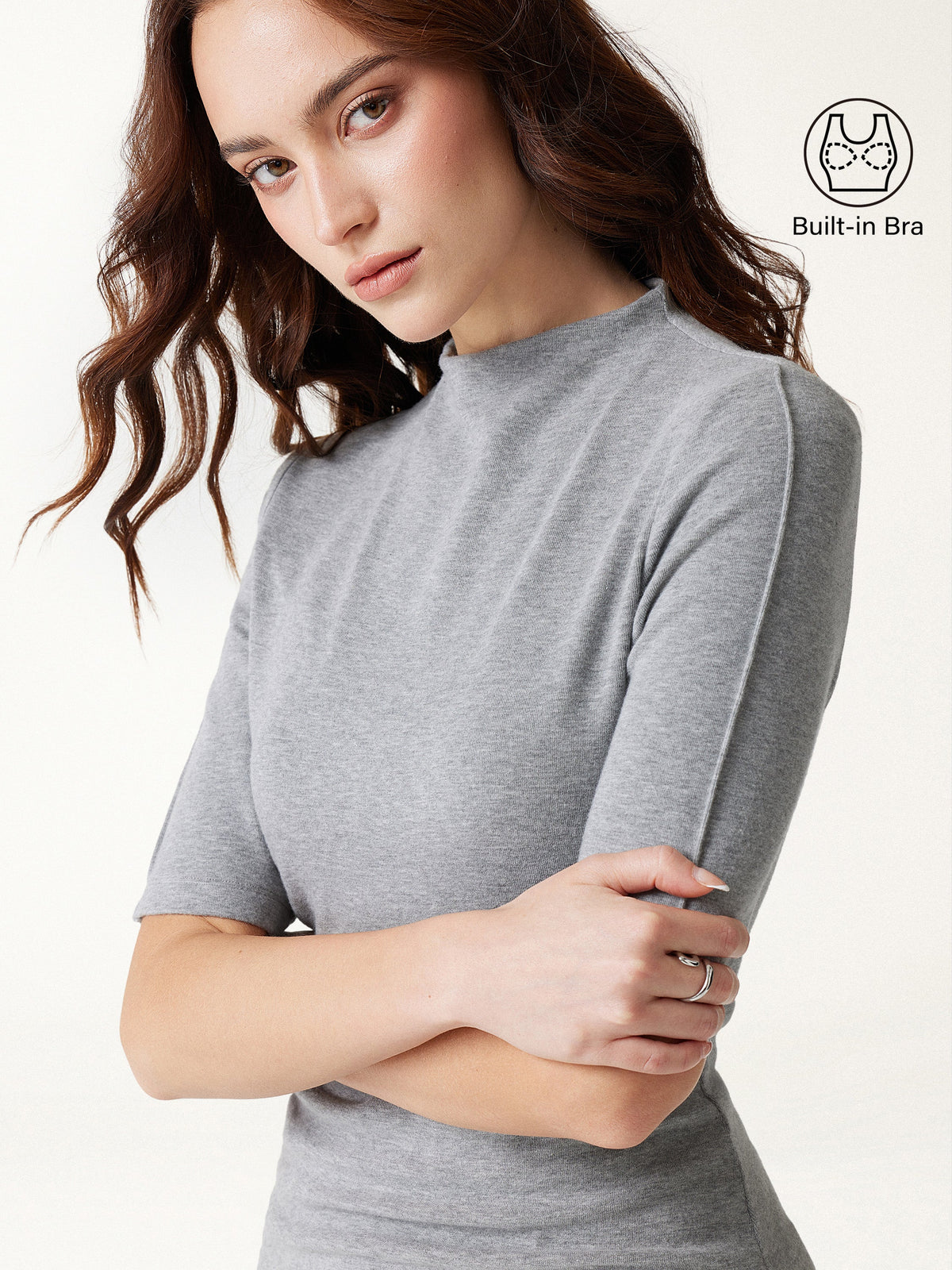 LiteWarm Mock Neck Elbow Sleeve Pintuck Built-In Bra Top — original photo 3