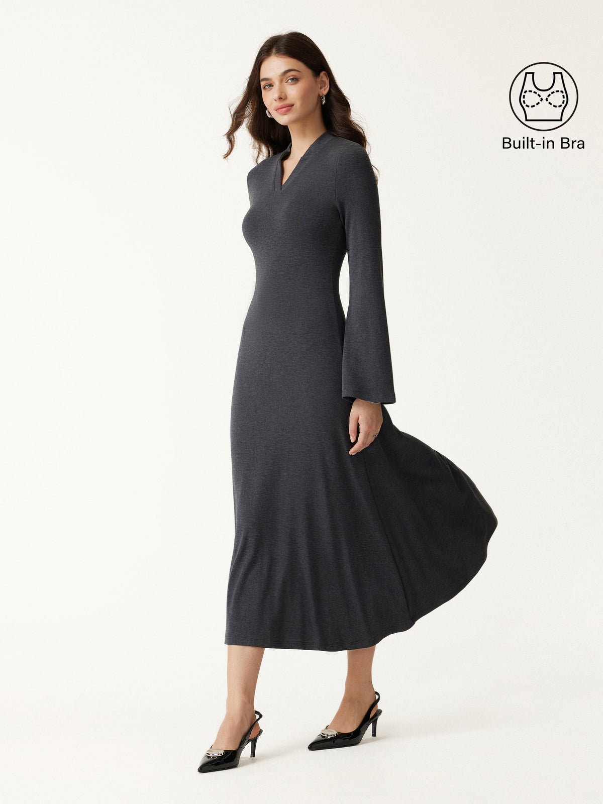 LiteWarm V-Neck Long Sleeve Flowy Midi Built-In Bra Dress — original photo 1