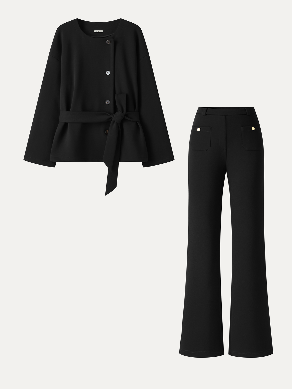 2Pcs Set Round Neck Long Sleeve Belted Jacket with Pockets & Mid-Rise Flared Pants with Pockets — original photo 10