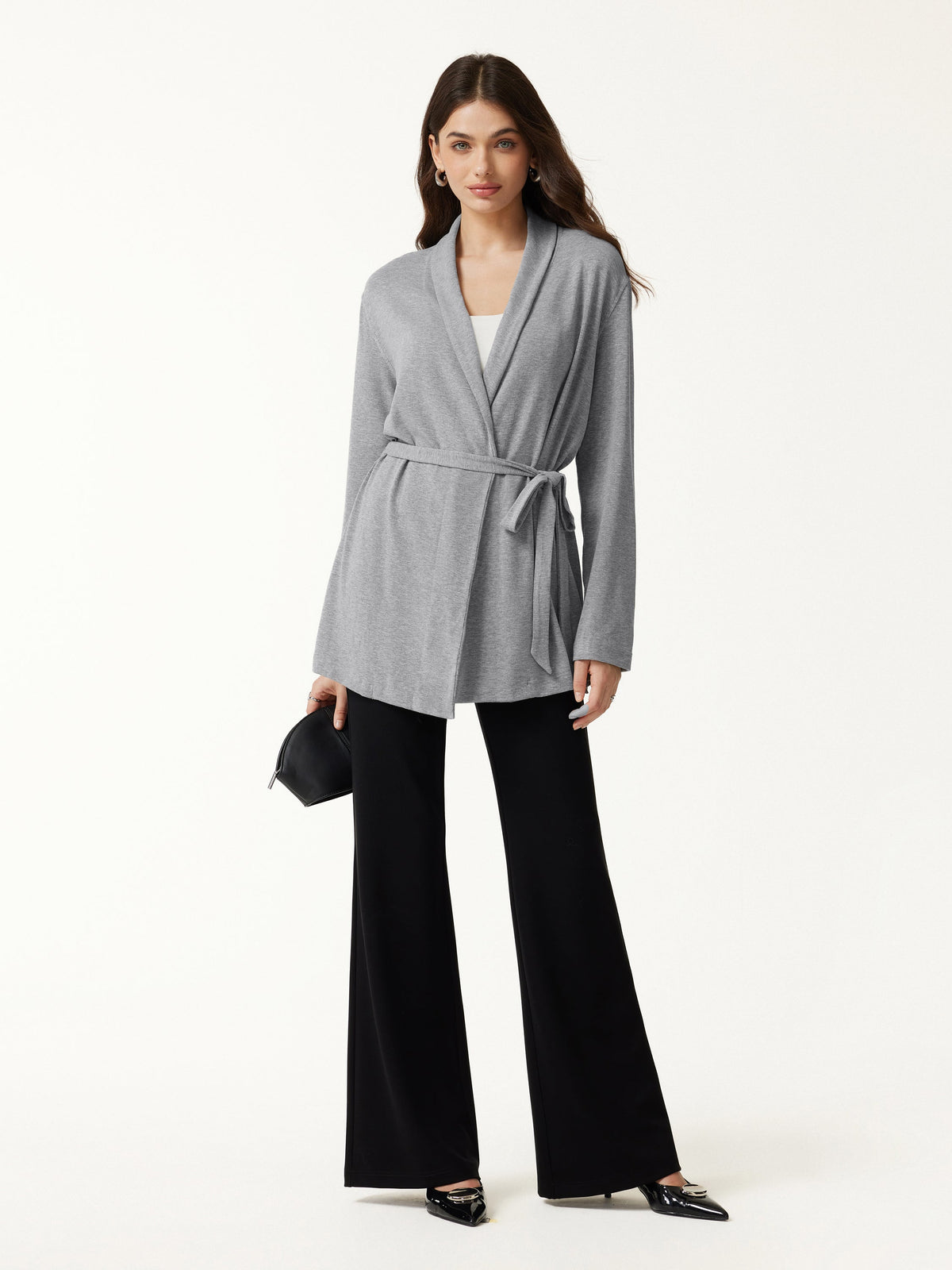 LiteWarm Lapel Long Sleeve Belted Cardigan — original photo 2