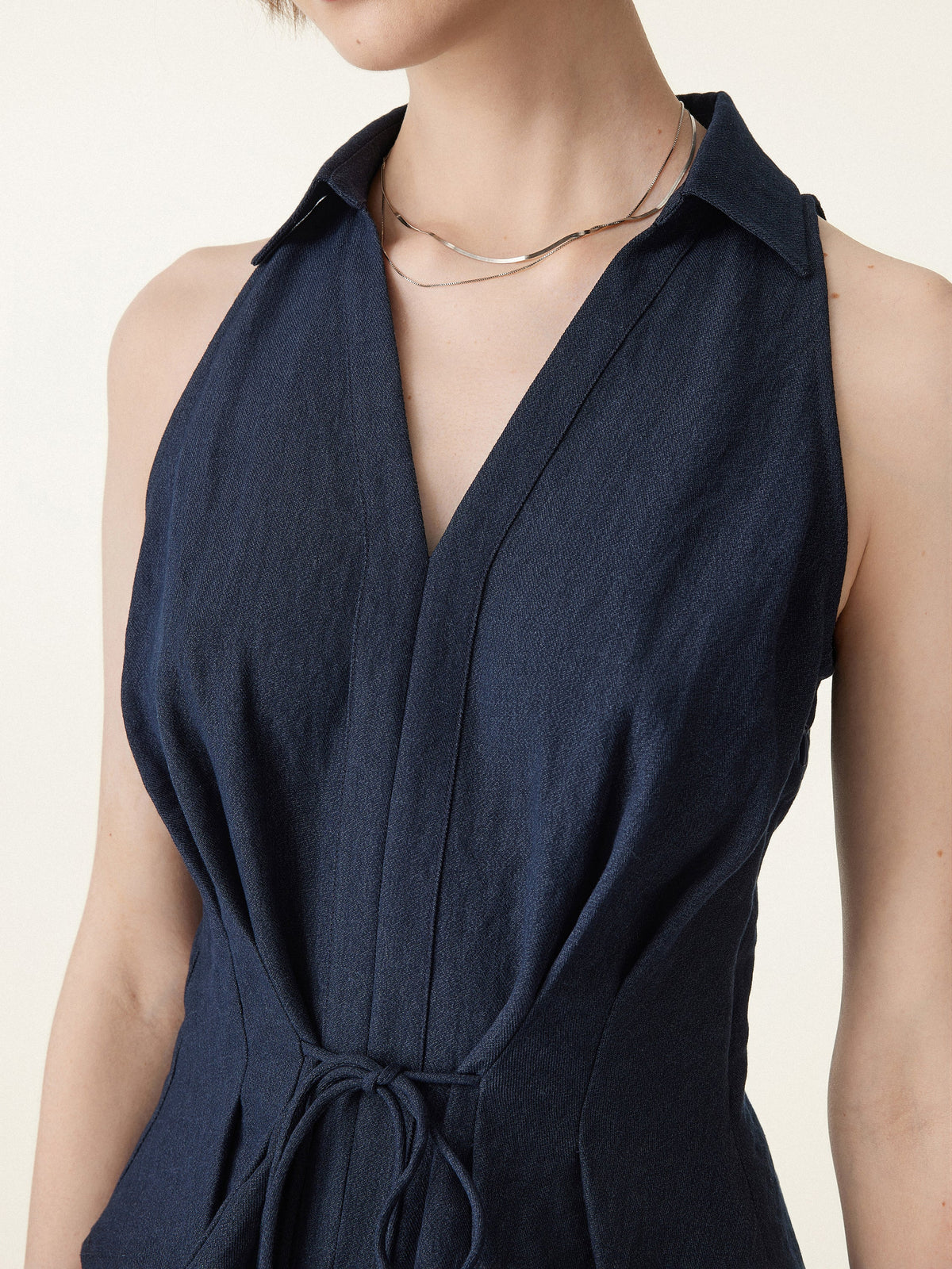 Collared V-neck Pleated Sleeveless Top with Drawstring — original photo 5