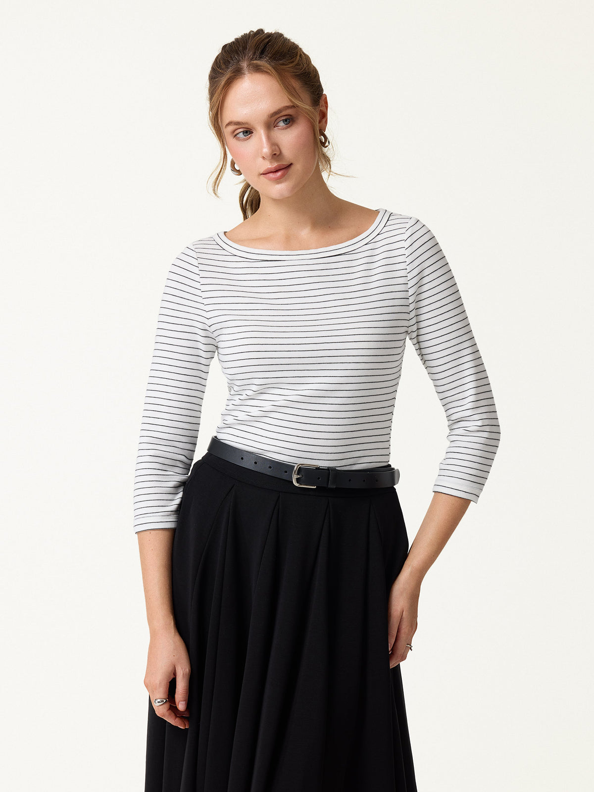 LiteWarm Striped Parisian Boatneck 3/4 Sleeve Built-In Bra Top — original photo 9