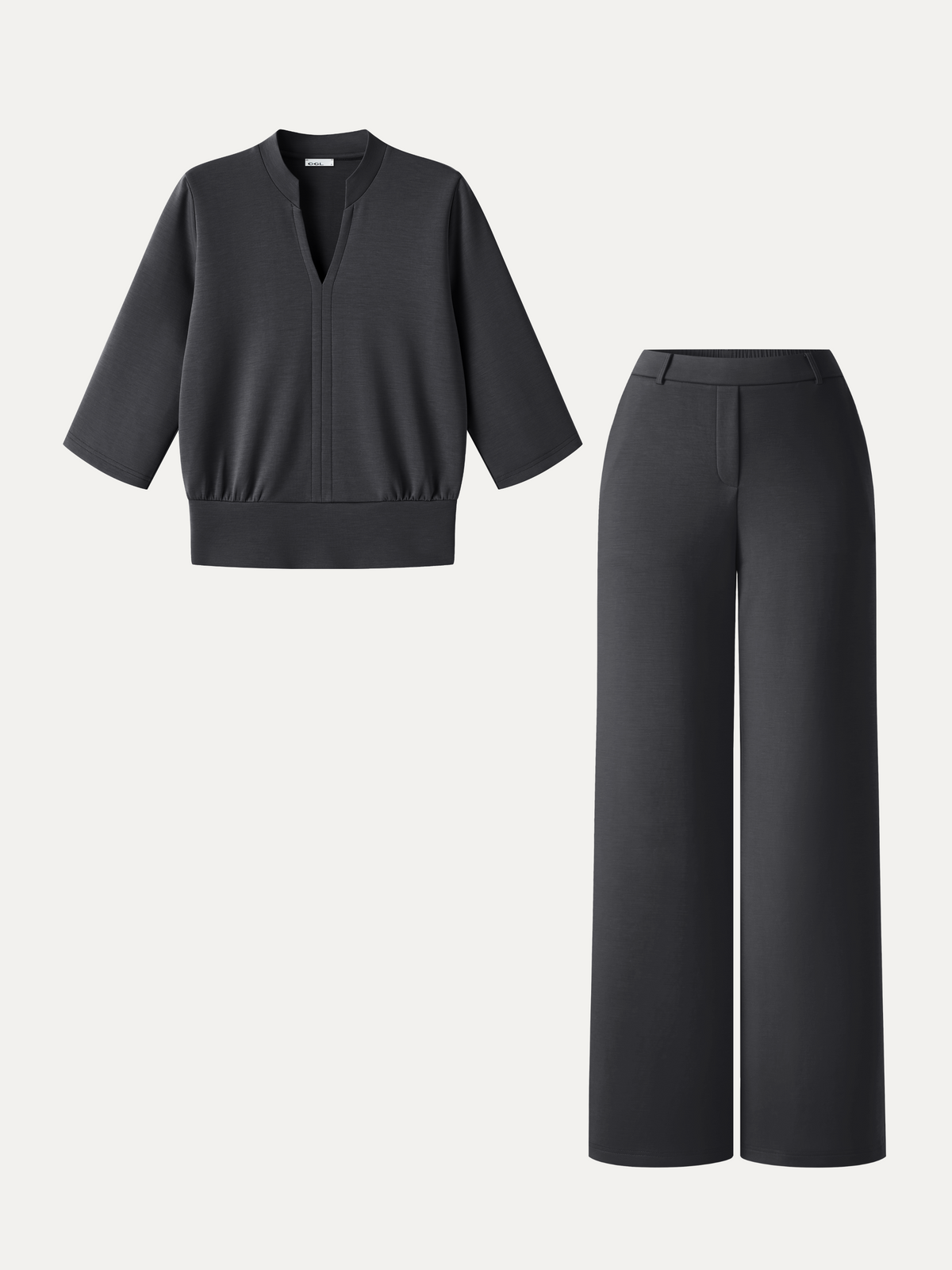 2Pcs Set Petite V-Neck Elbow Sleeve Top & High-Rise Wide Leg Pants with Pockets — original photo 2