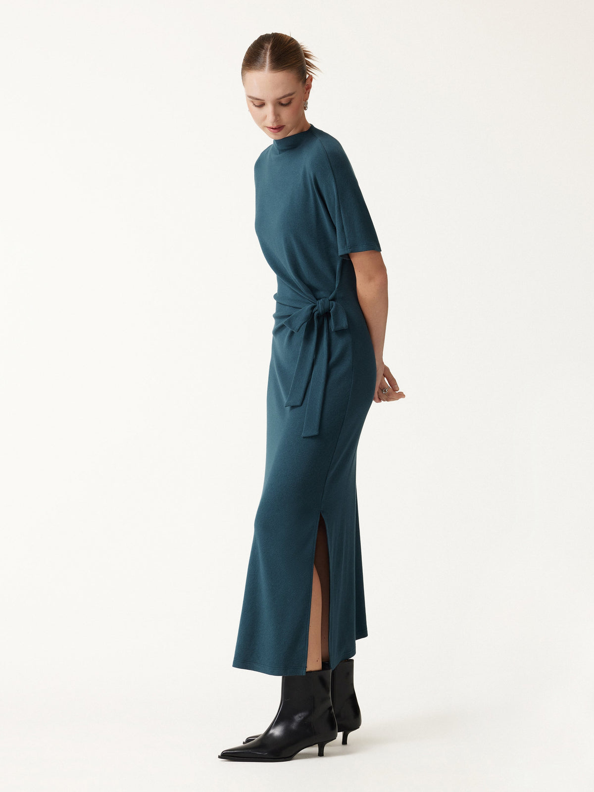LiteWarm Mock Neck Elbow Sleeve Tie-Waist Midi Dress — original photo 3